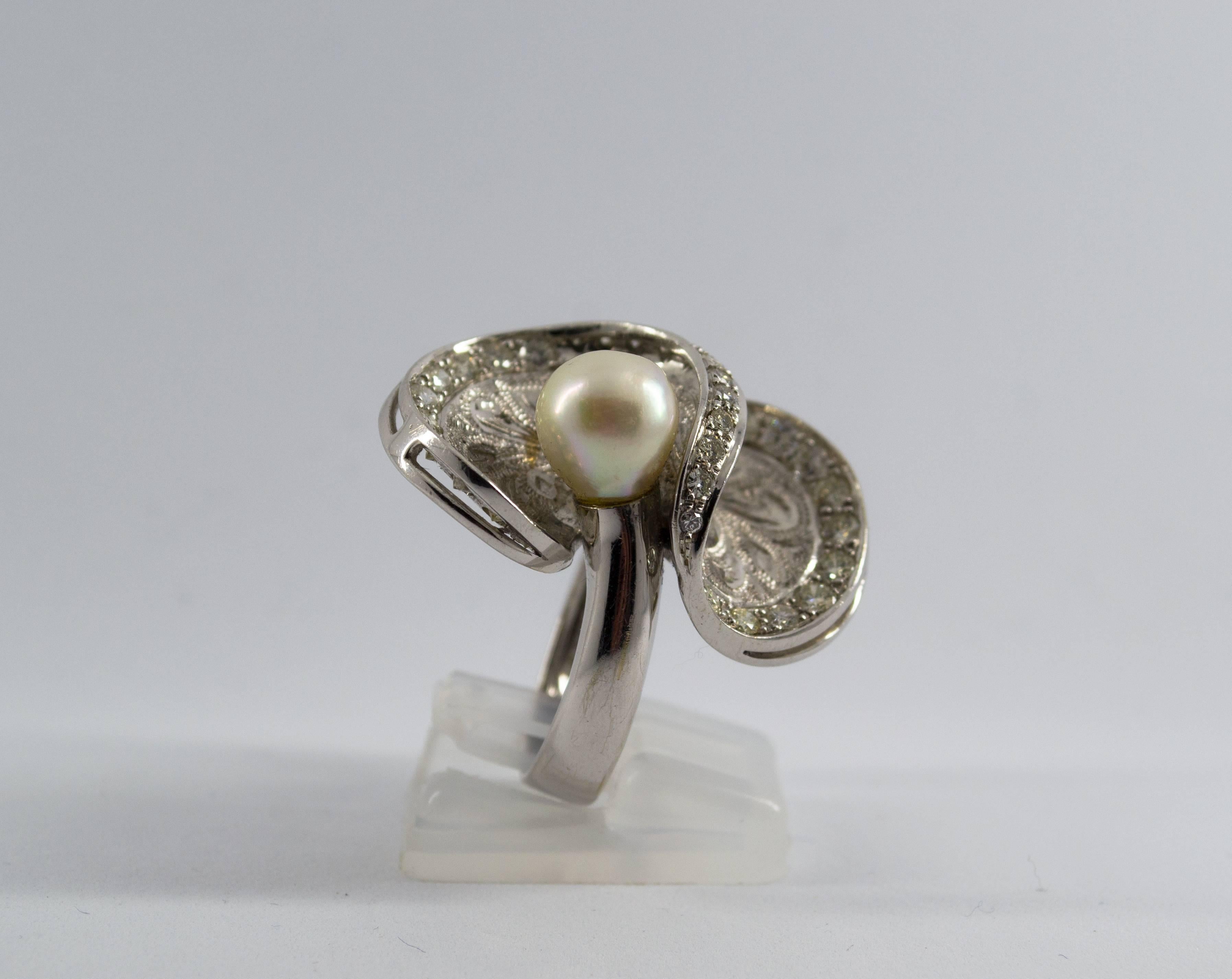 Brilliant Cut Art Deco Style Japanese Pearl 2.35 Carat White Diamond White Gold Cocktail Ring For Sale