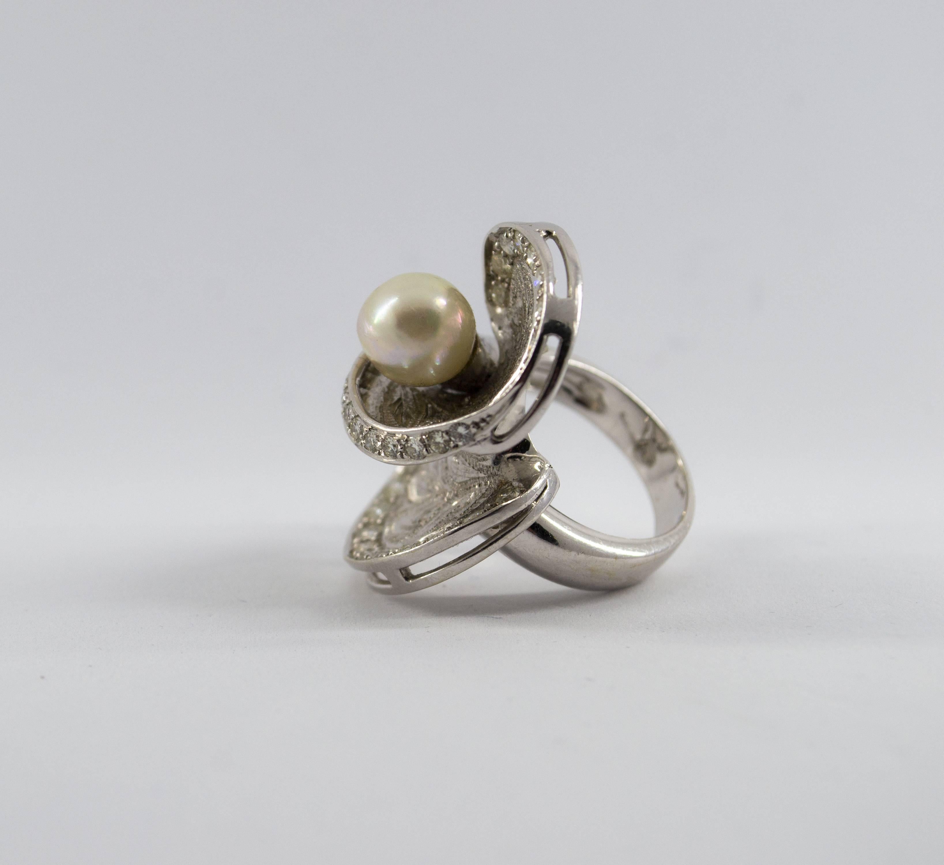 Art Deco Style Japanese Pearl 2.35 Carat White Diamond White Gold Cocktail Ring For Sale 2