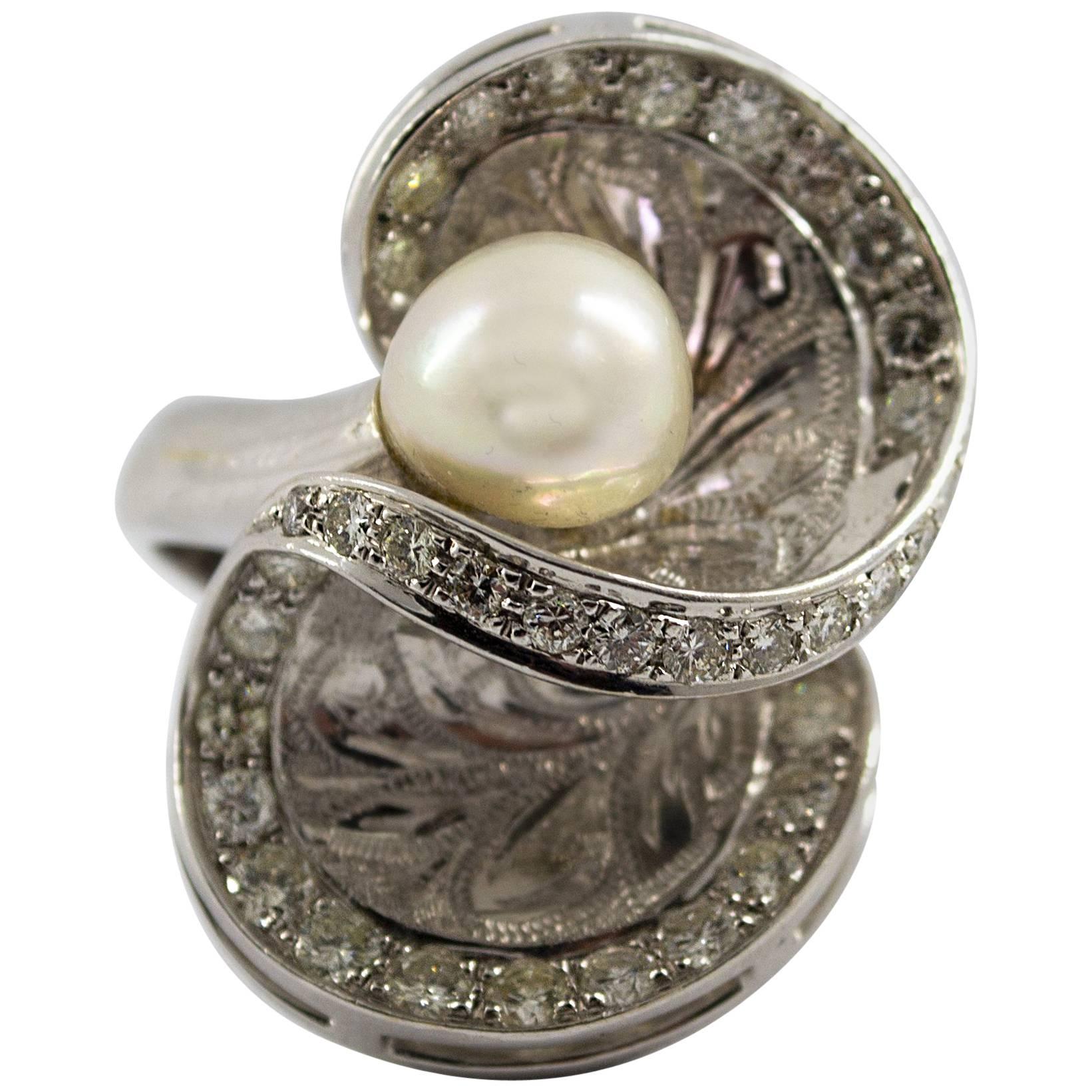 Art Deco Style Japanese Pearl 2.35 Carat White Diamond White Gold Cocktail Ring For Sale