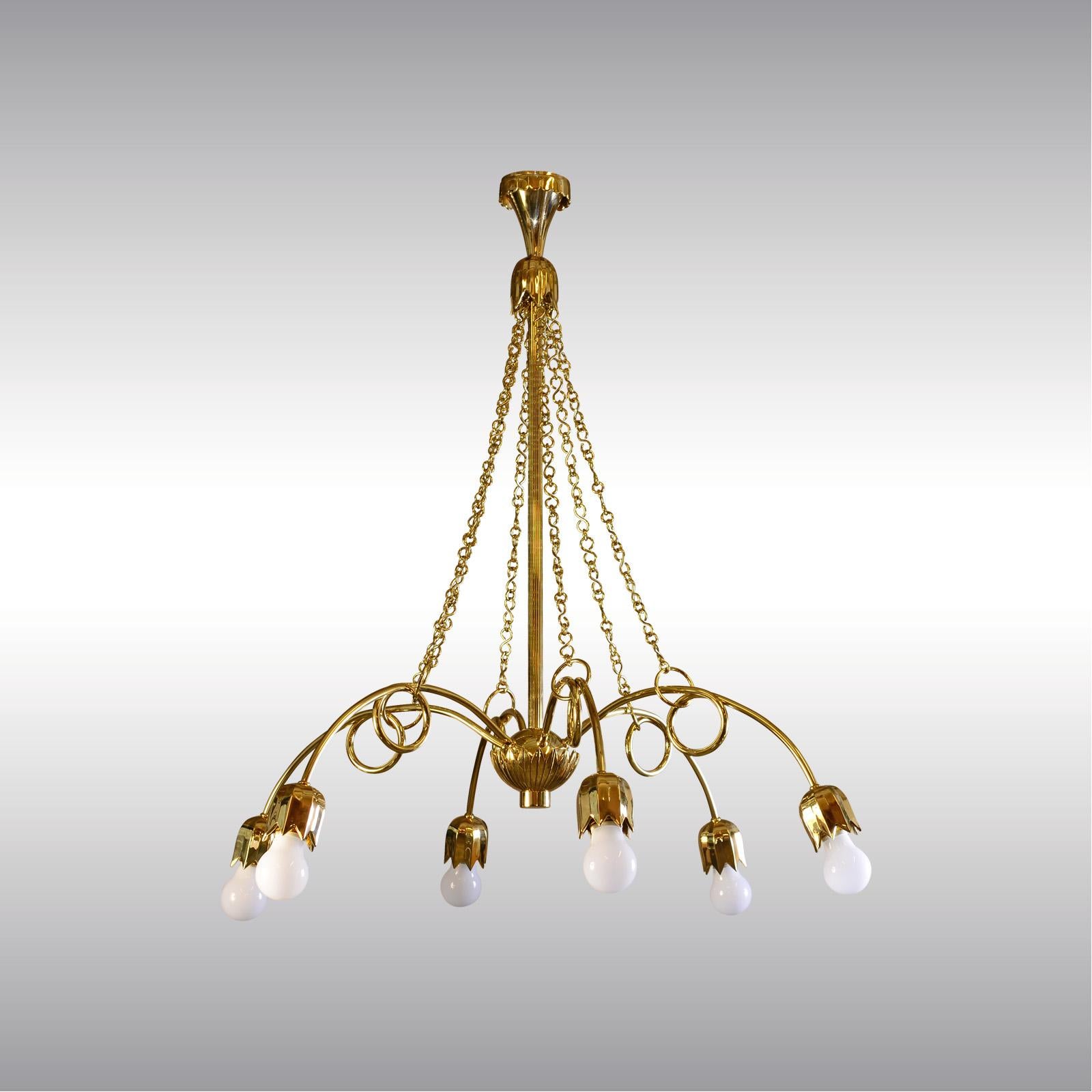 A really beautiful, modern and exclusive brass chandelier, chased, hammered and casted parts. Model# 3669-M and WWF 119-4-2 at the Wiener Werkstätte pattern-book at the MAK, Museum of Applied Arts Vienna. The historical image shows a Wiener