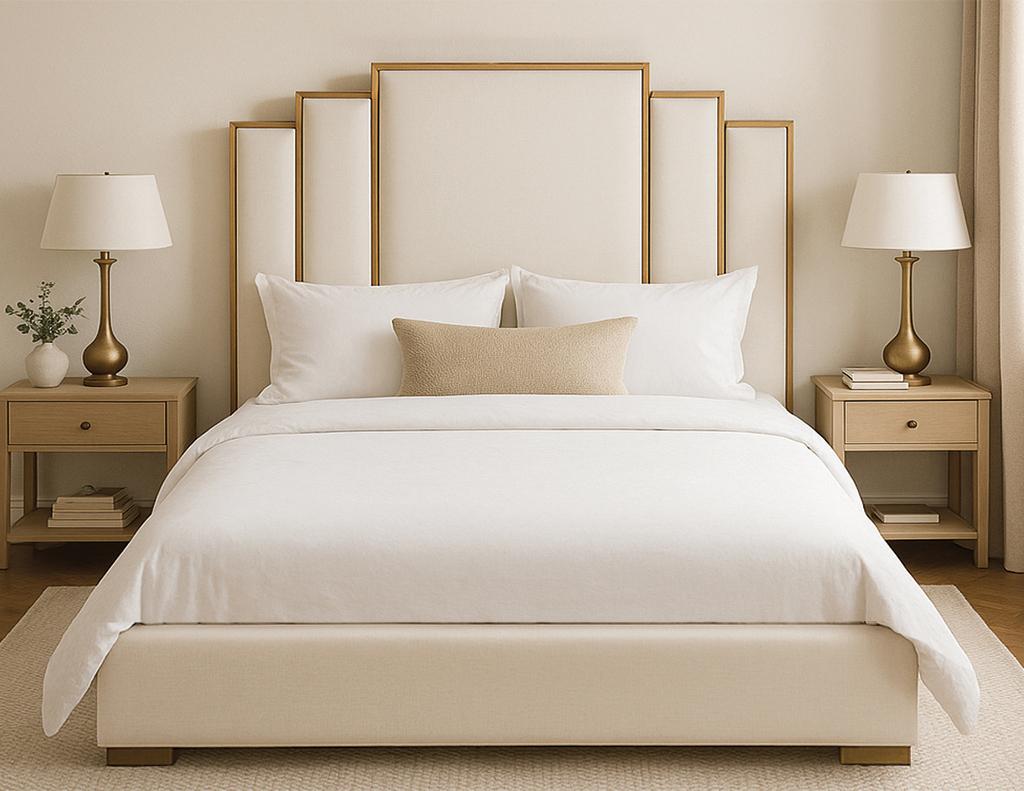 Cama King estilo Art Déco en Bronce. Recién fabricado por los artesanos de Carrocel, inspirado en el icónico diseño Art Déco. Con un precioso cabecero alto enmarcado con metal en un tono bronceado. Las patas acentuadas del piecero hacen juego con el