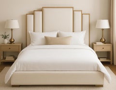 Art Deco King Bed by Carrocel, Bronze Metal & Upholstered Fabric