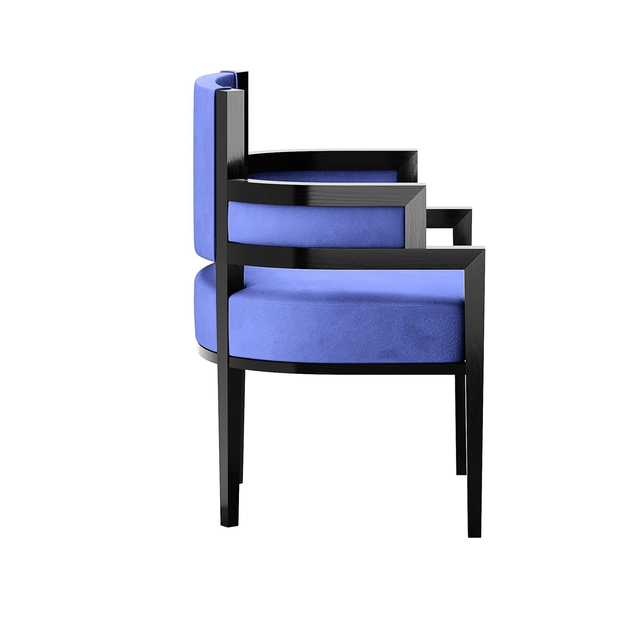 Portuguese Art Deco Style Dining Chair Blue Velvet Upholstery, Brass Detail Armchair For Sale