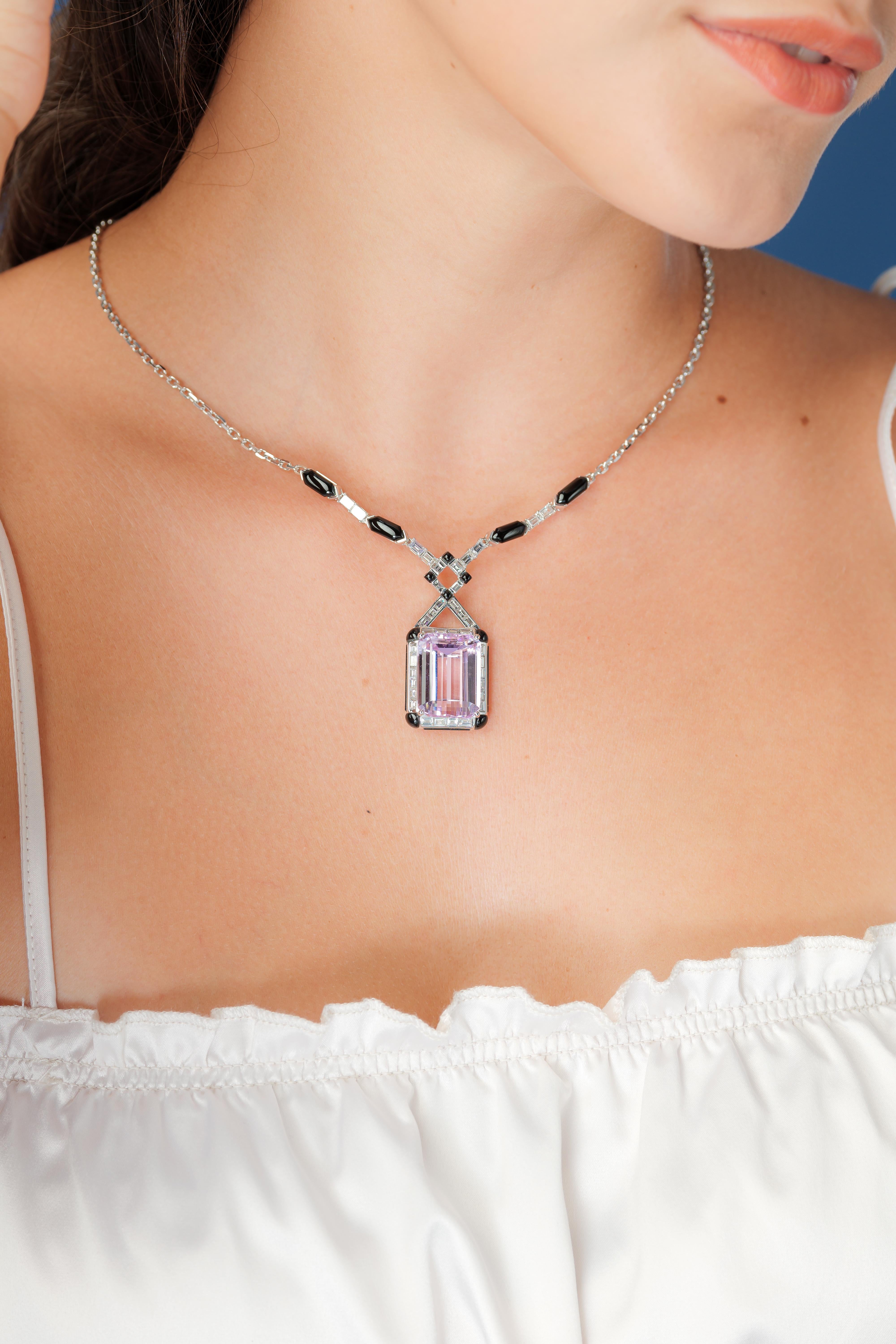The pretty pink hues of Kunzites are often associated with love and romance. We present a unique collection of Kunzites that have been designed in an art deco style. These gorgeous gemstones are set upon an art deco frame of black onyx and baguette