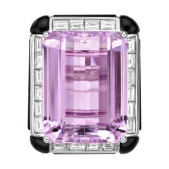 Art Deco Style Kunzite Ring with Diamond 
Black Onyx in 18 Karat White Gold