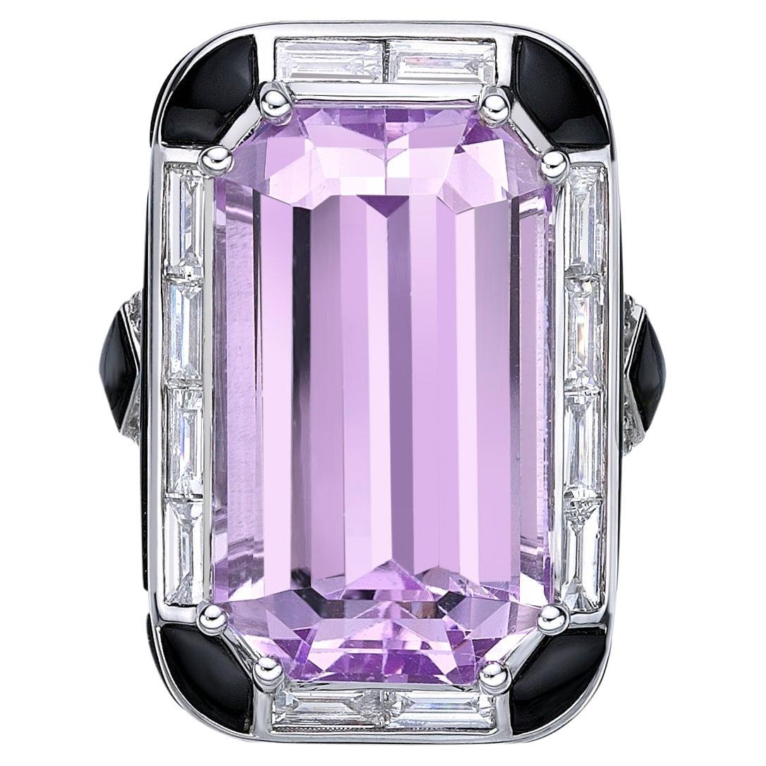 Art Deco Style Kunzite Ring with Diamond & Black Onyx in 18 Karat White Gold For Sale