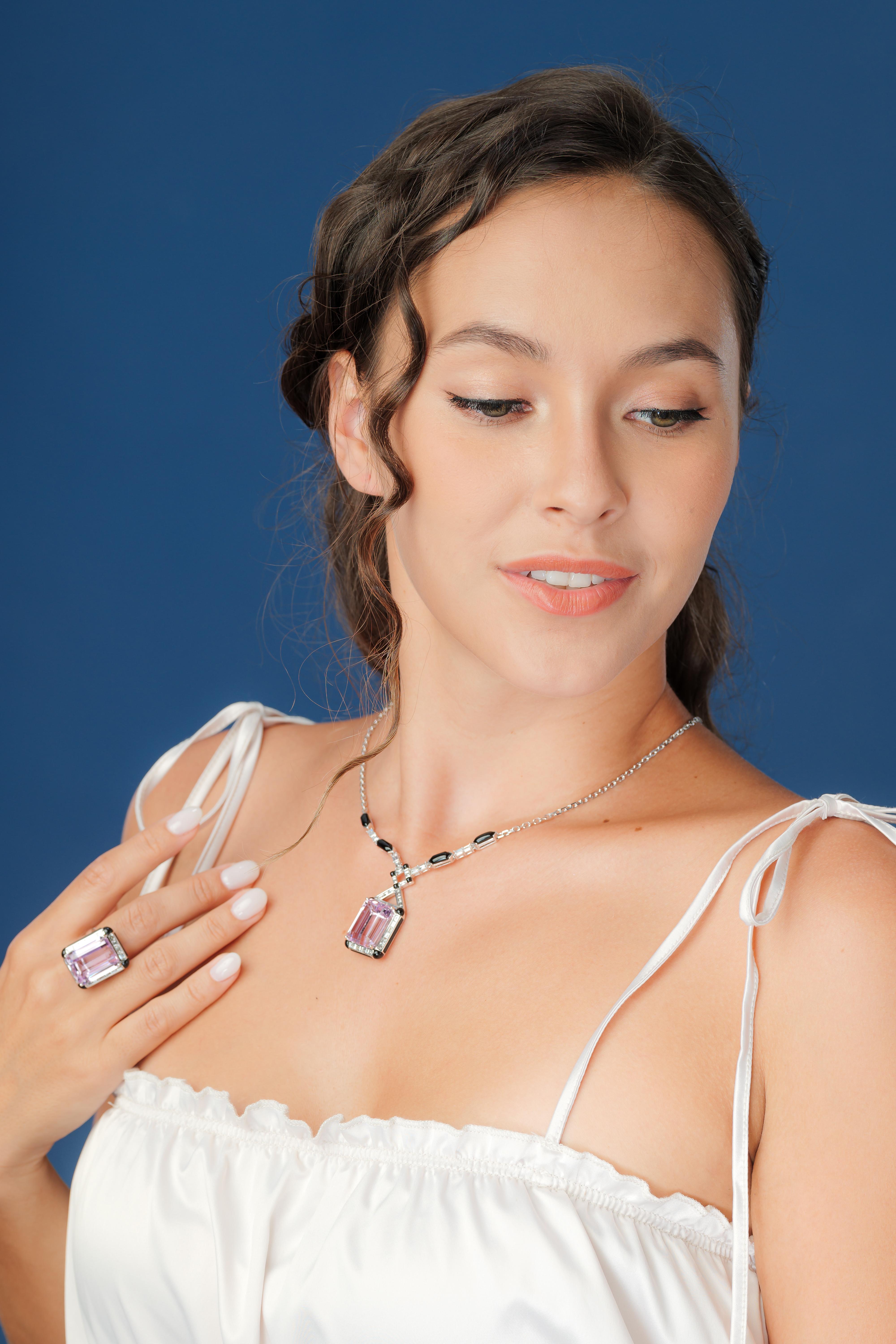 The pretty pink hues of Kunzites are often associated with love and romance. We present a unique collection of Kunzites that have been designed in an art deco style. These gorgeous gemstones are set upon an art deco frame of black onyx and baguette