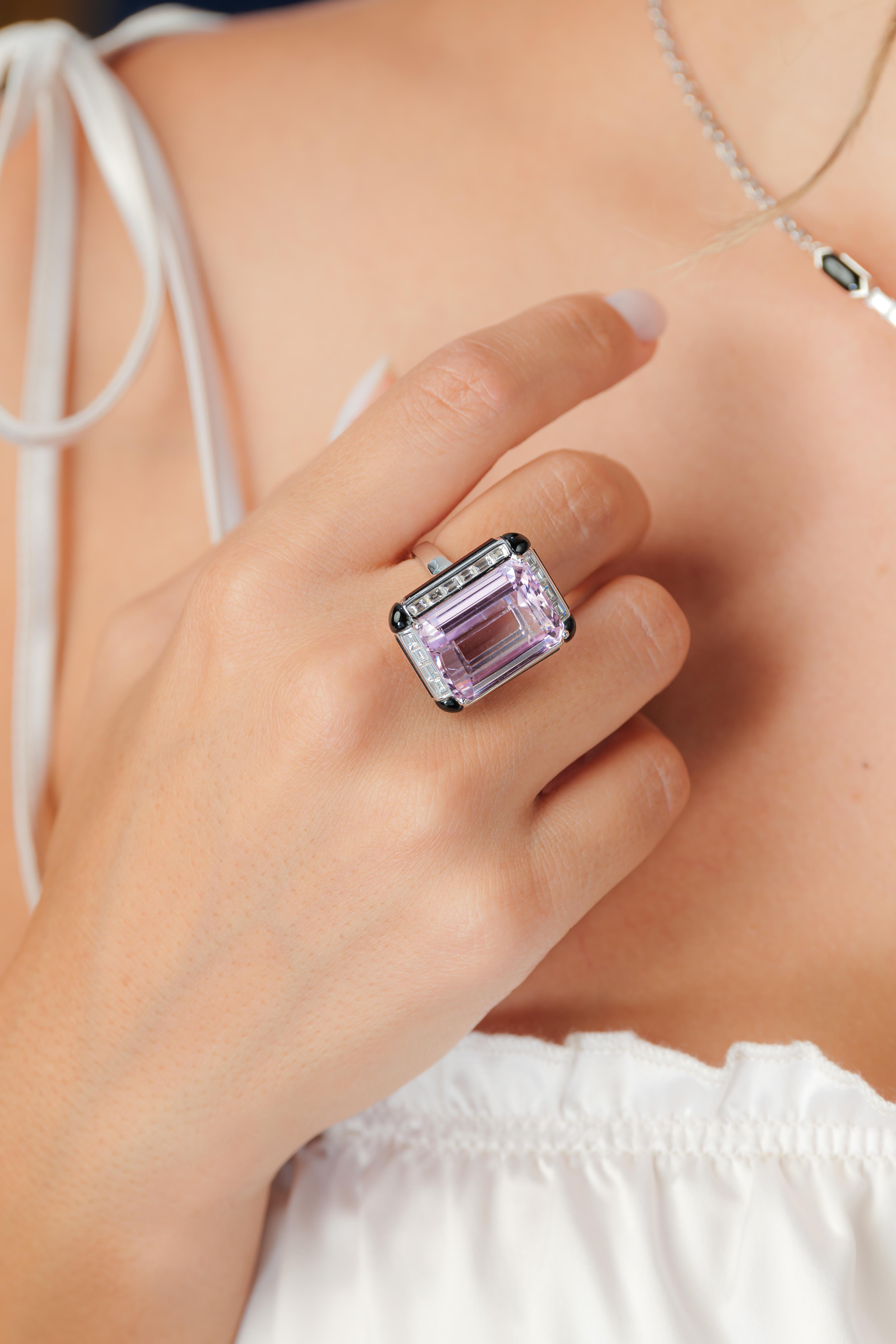 Octagon Cut Art Deco Style Kunzite Set with Diamond & Black Onyx in 18 Karat White Gold