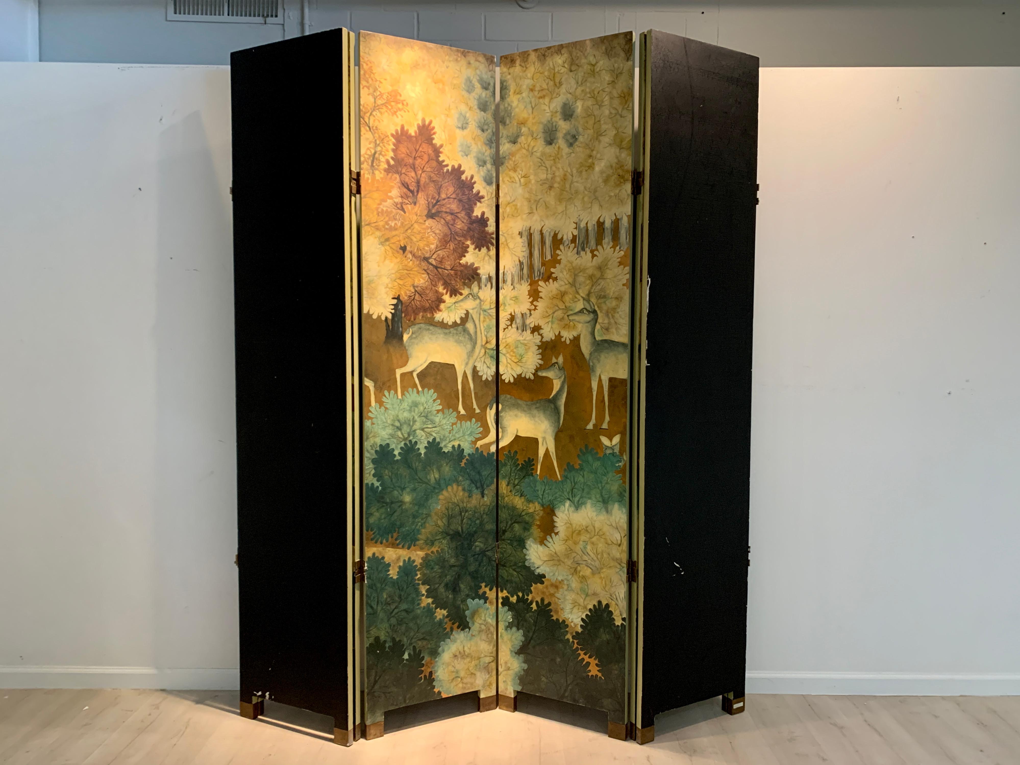 Art Deco Style Lacquer Painted and Wood Screen with Deer, Late 20th Century 4