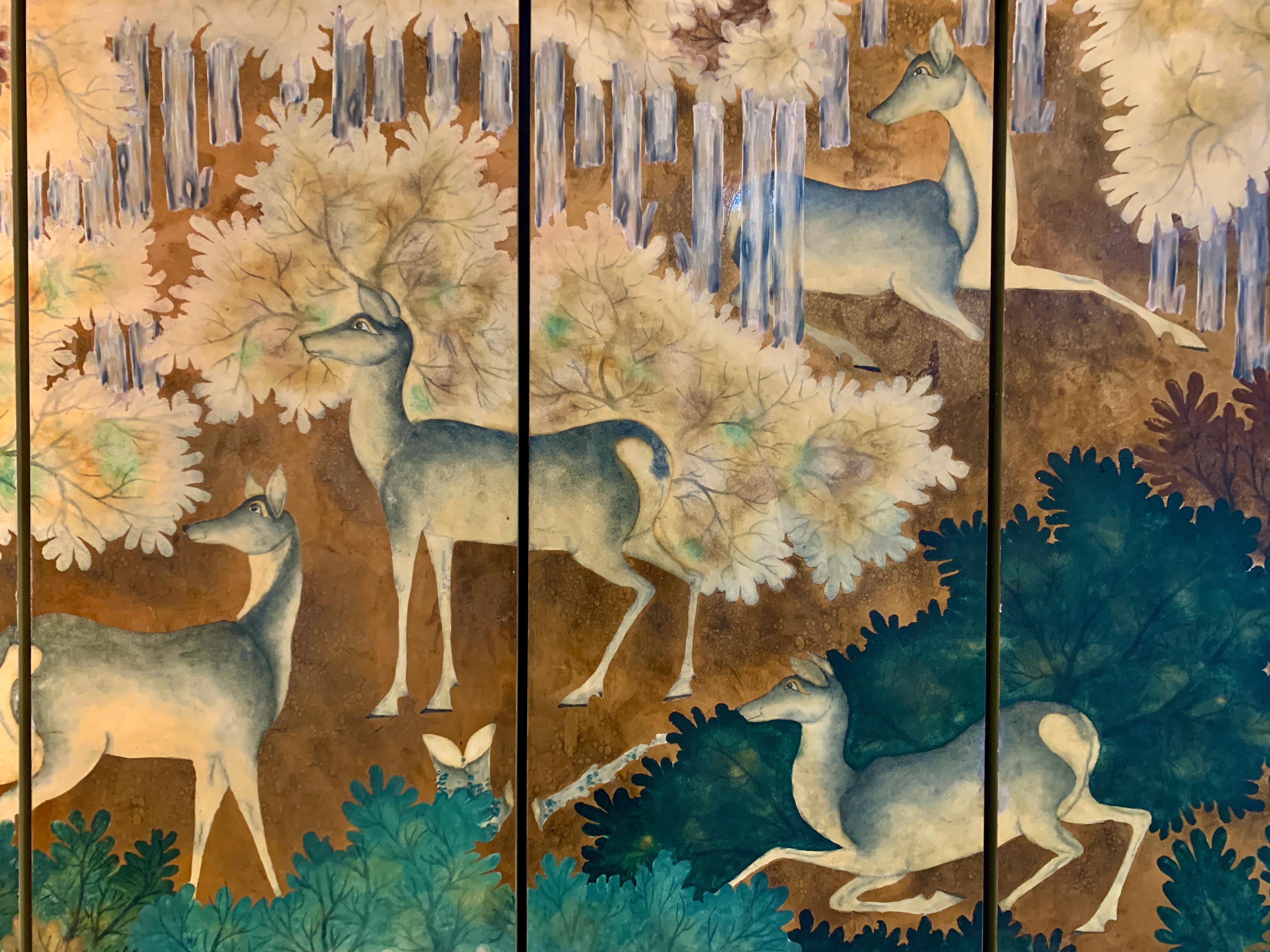 Unknown Art Deco Style Lacquer Painted and Wood Screen with Deer, Late 20th Century