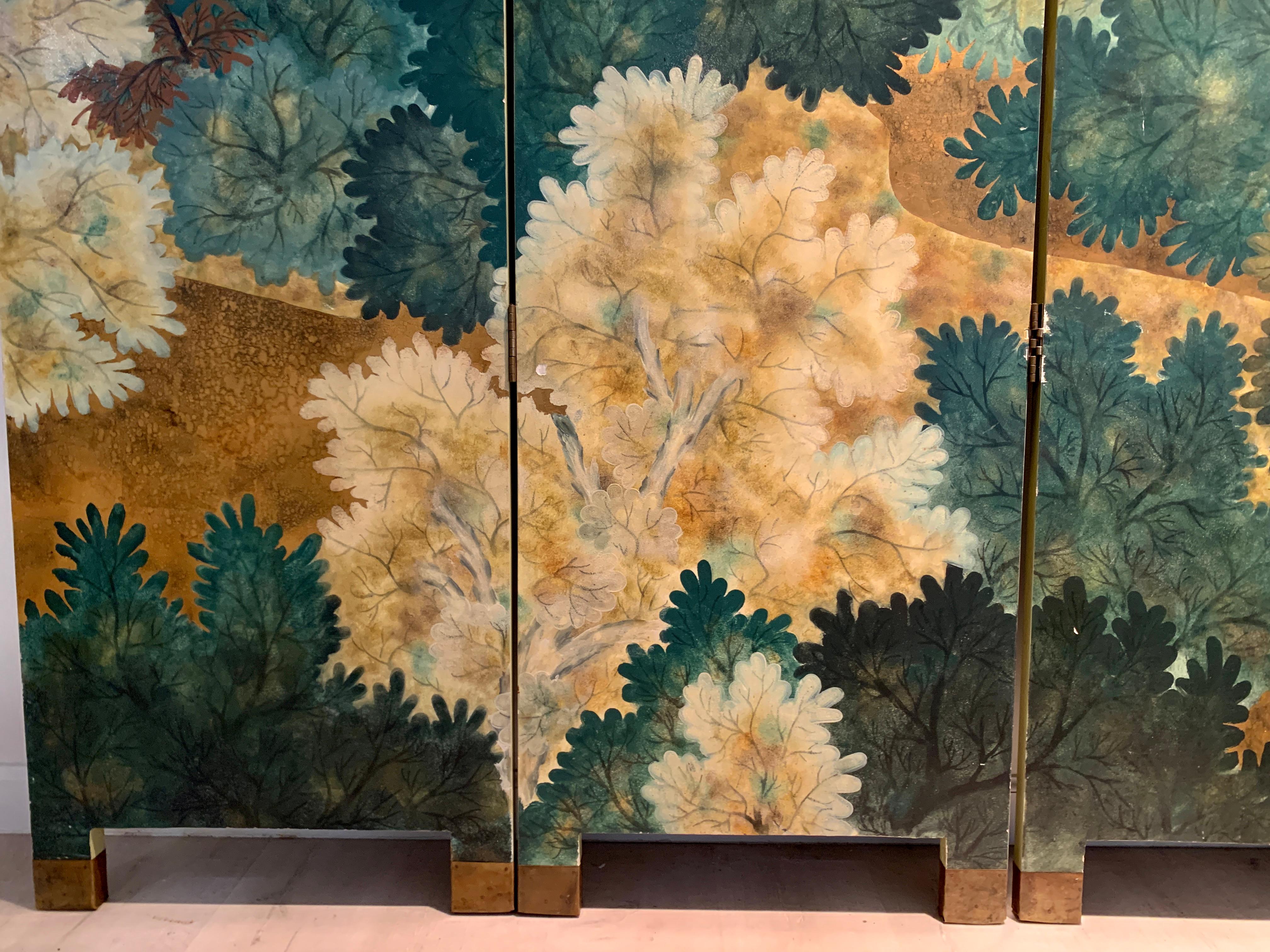 Art Deco Style Lacquer Painted and Wood Screen with Deer, Late 20th Century In Good Condition In Austin, TX