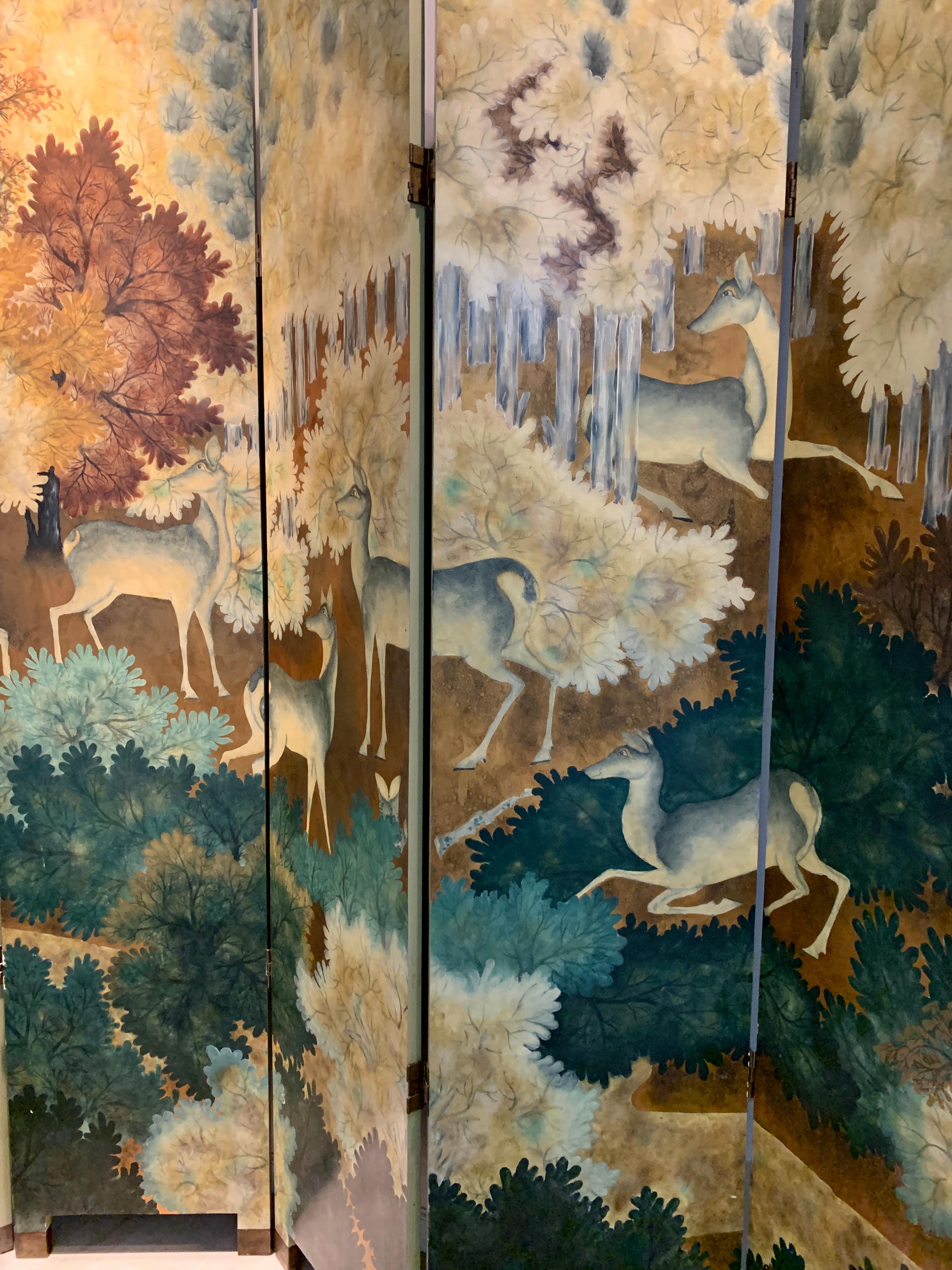 Copper Art Deco Style Lacquer Painted and Wood Screen with Deer, Late 20th Century
