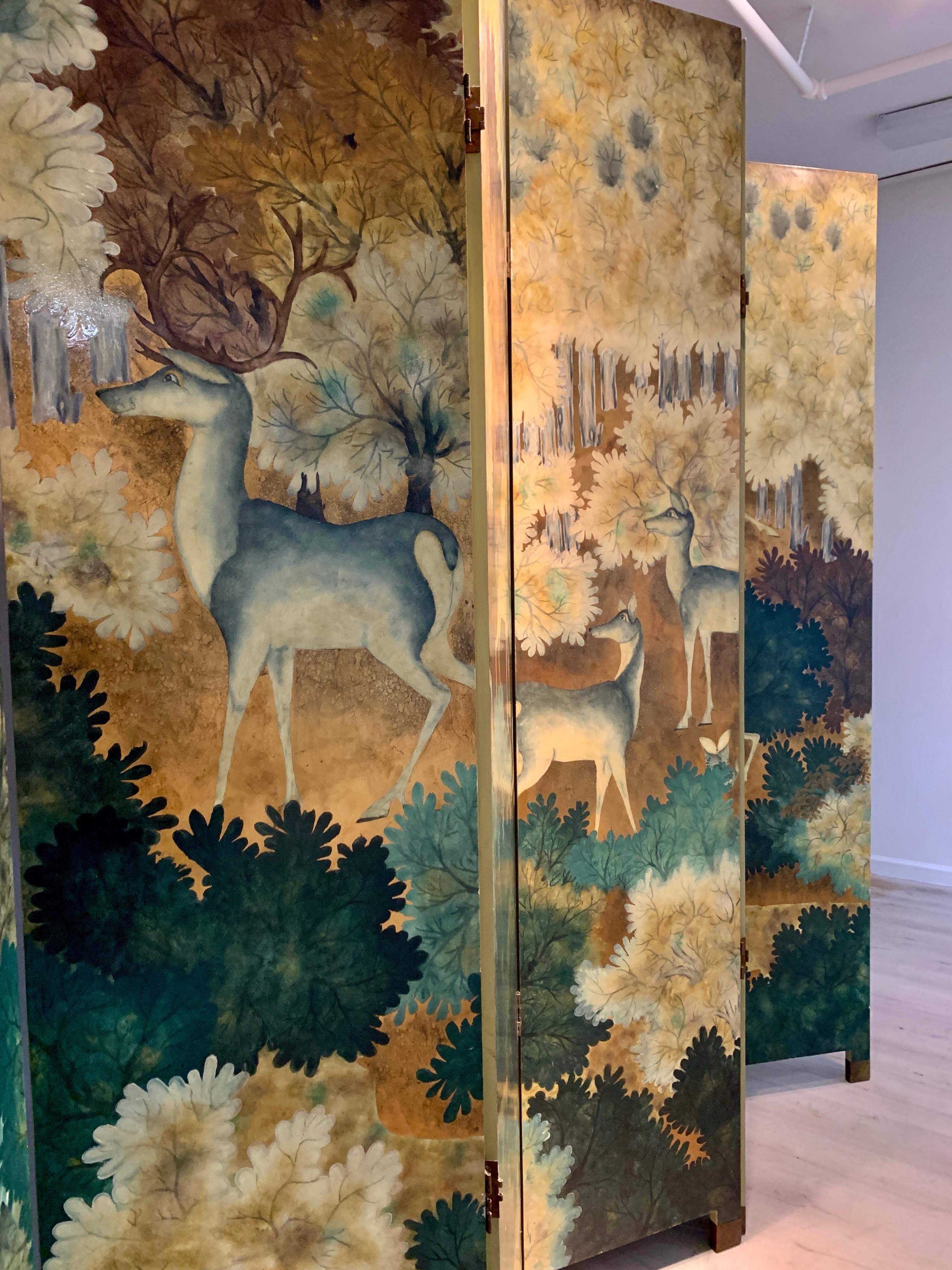 Art Deco Style Lacquer Painted and Wood Screen with Deer, Late 20th Century 1