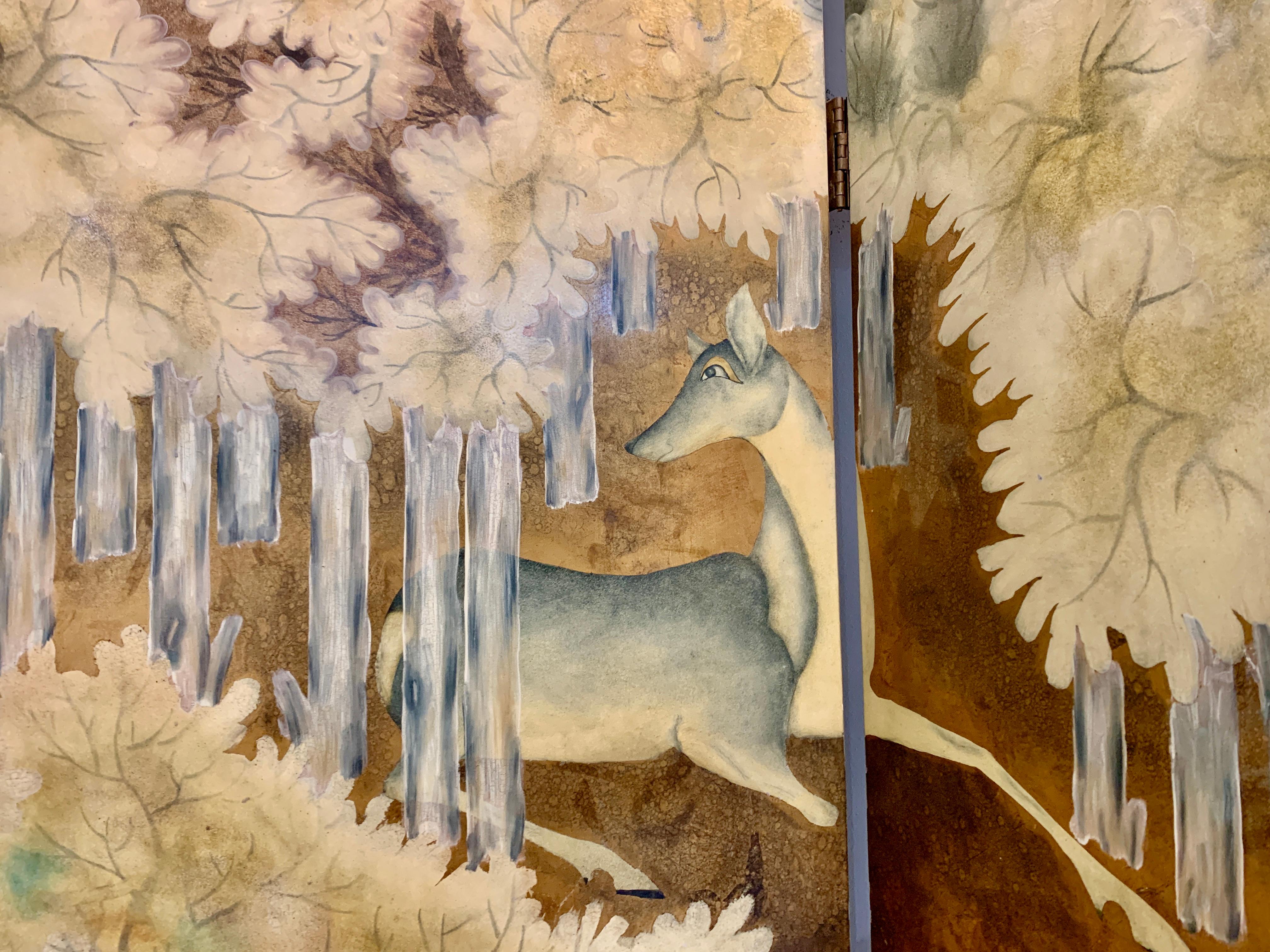 Art Deco Style Lacquer Painted and Wood Screen with Deer, Late 20th Century 2