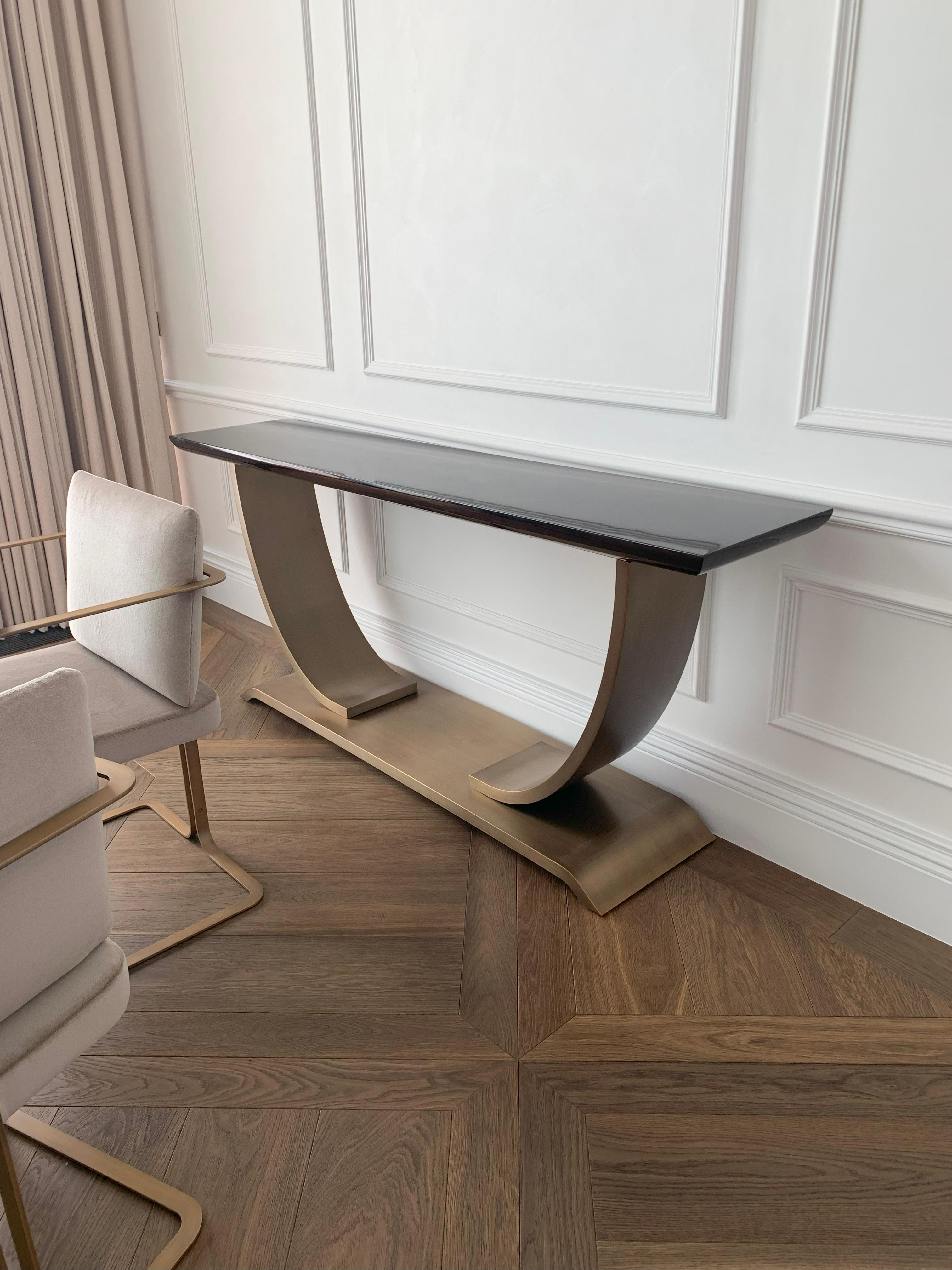 French Art Deco Style Lacquered Wood and Bronze Metal Console Table, Hugues Chevalier For Sale