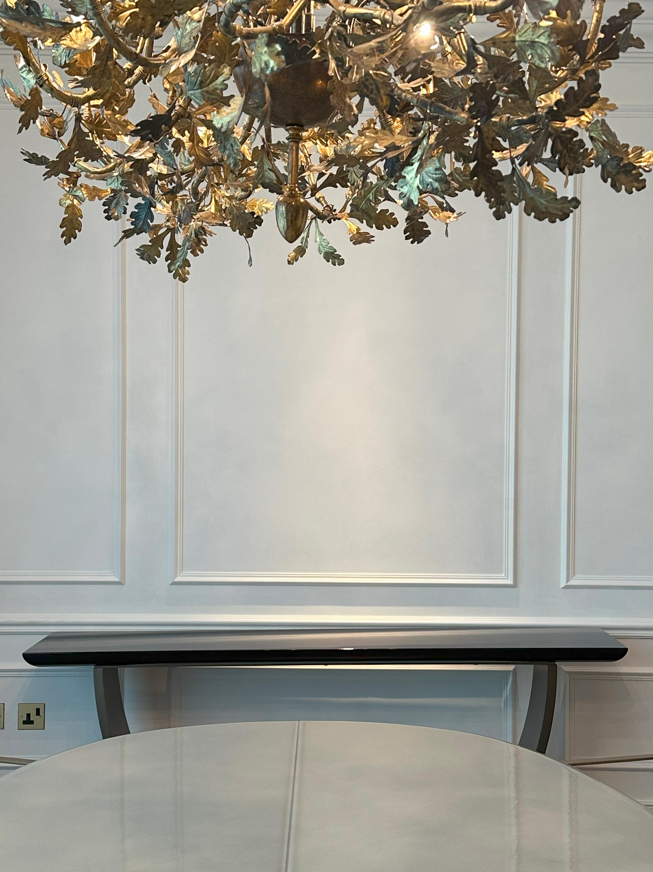 Brushed Art Deco Style Lacquered Wood and Bronze Metal Console Table, Hugues Chevalier For Sale