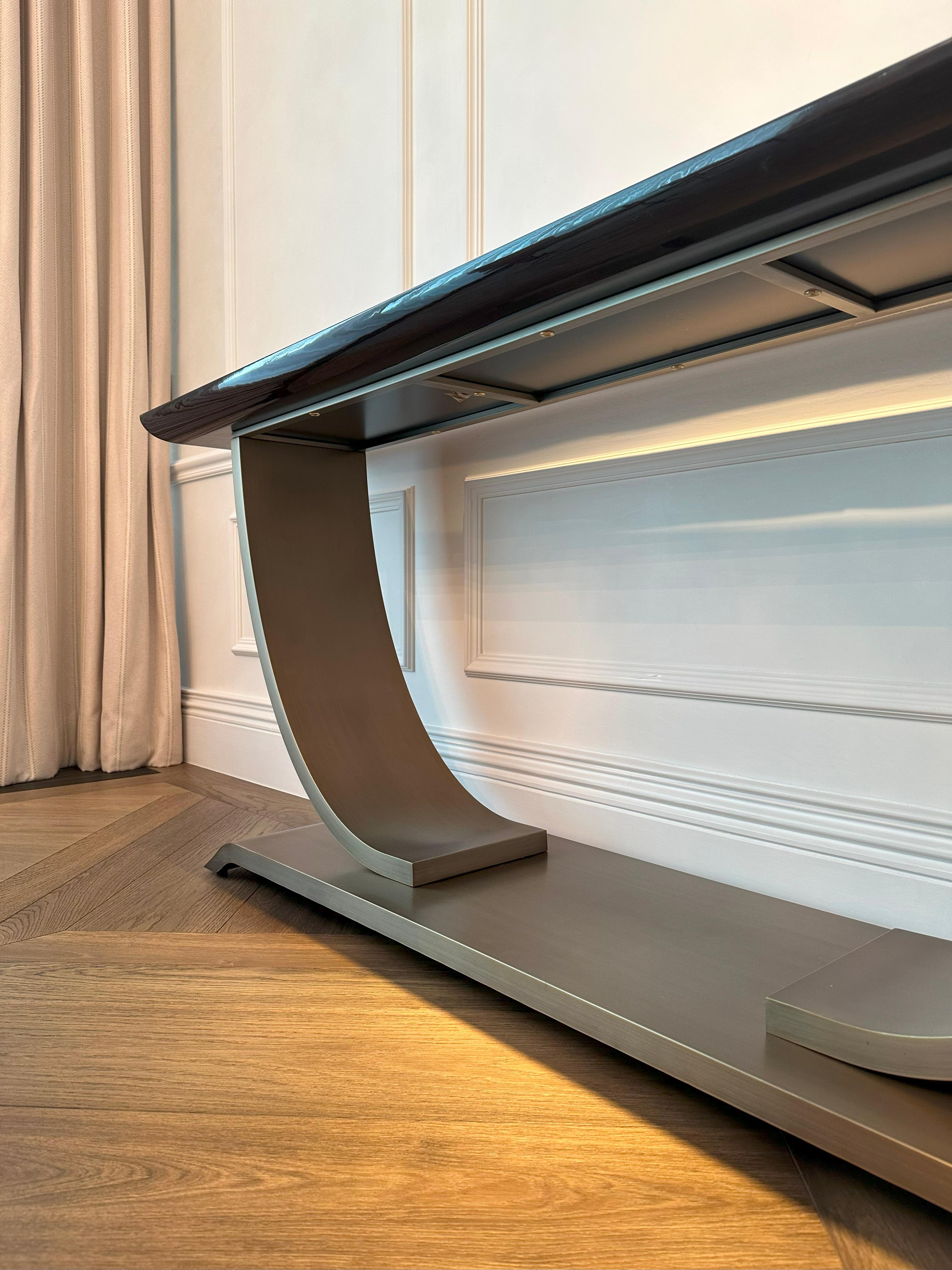Art Deco Style Lacquered Wood and Bronze Metal Console Table, Hugues Chevalier For Sale 2