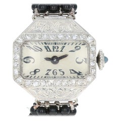 Art Deco-Style Ladies Watch Platinum & 14k Gold Onyx Mechanical 2 Yr Wnty .20ctw