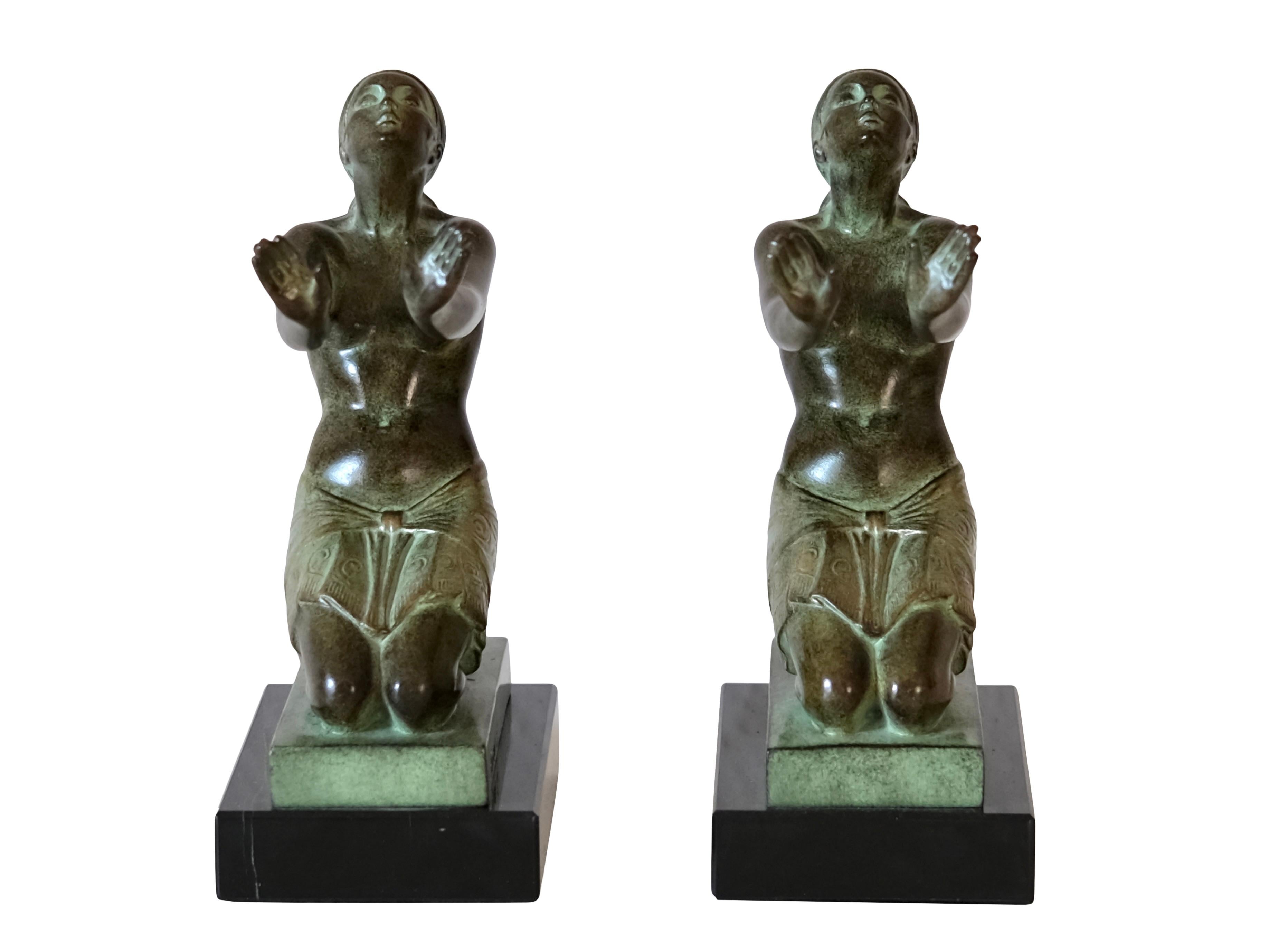 Patinated Art Deco Style Lady Bookends Ecstasy by Pierre Le Faguays for Max Le Verrier For Sale