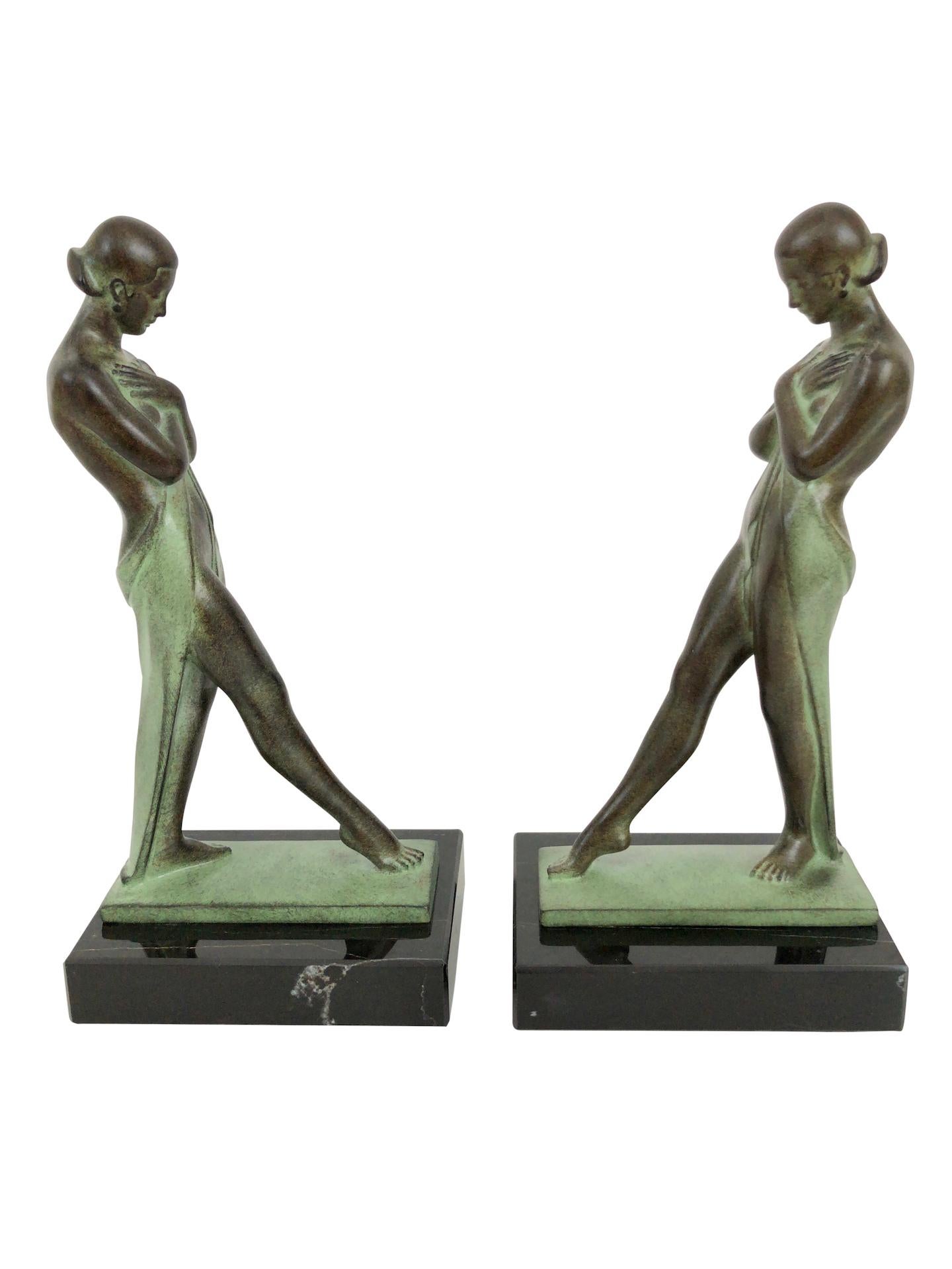 Patinated Art Deco Style Lady Bookends Meditation by Pierre Le Faguays for Max Le Verrier For Sale