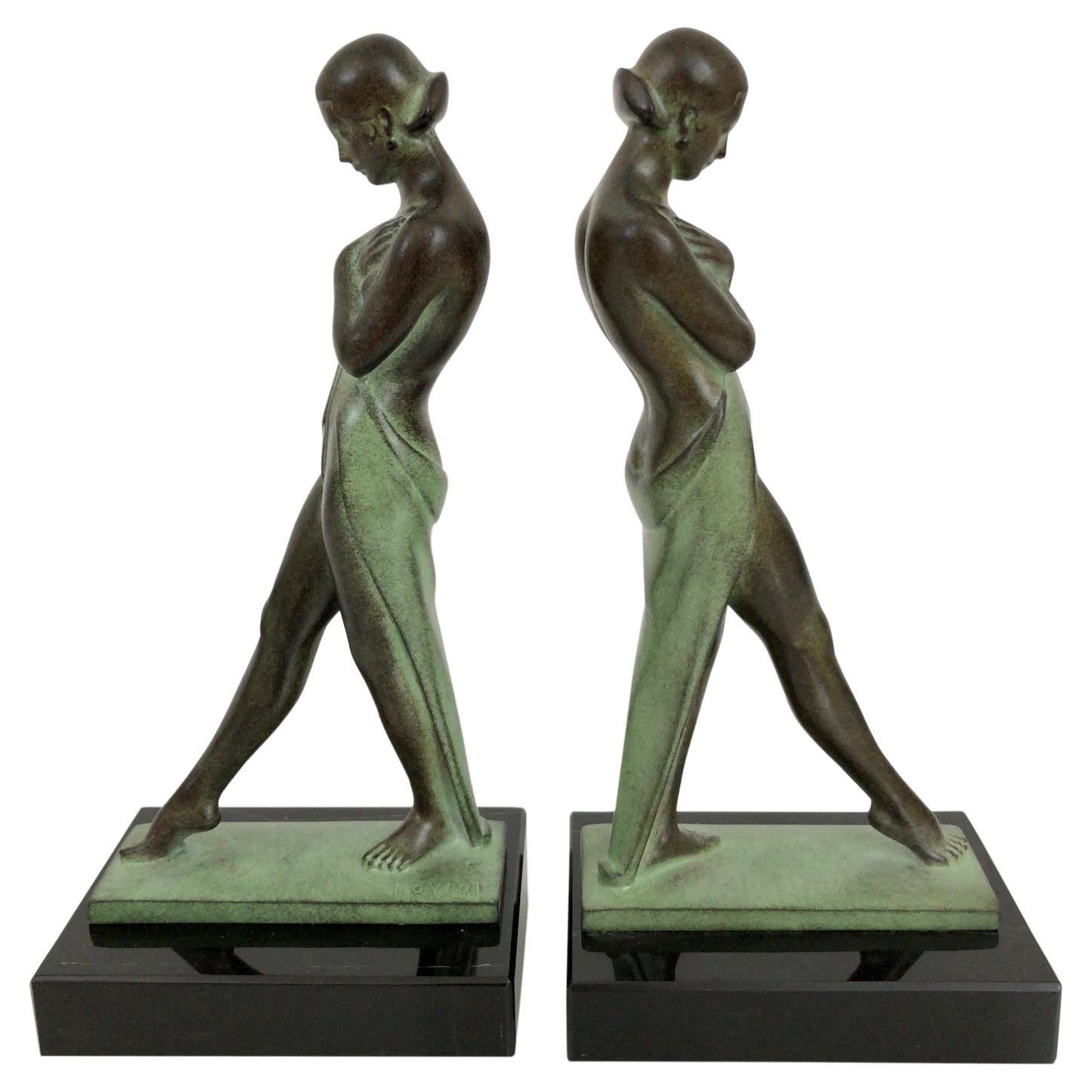 Art Deco Style Lady Bookends Meditation by Pierre Le Faguays for Max Le Verrier For Sale