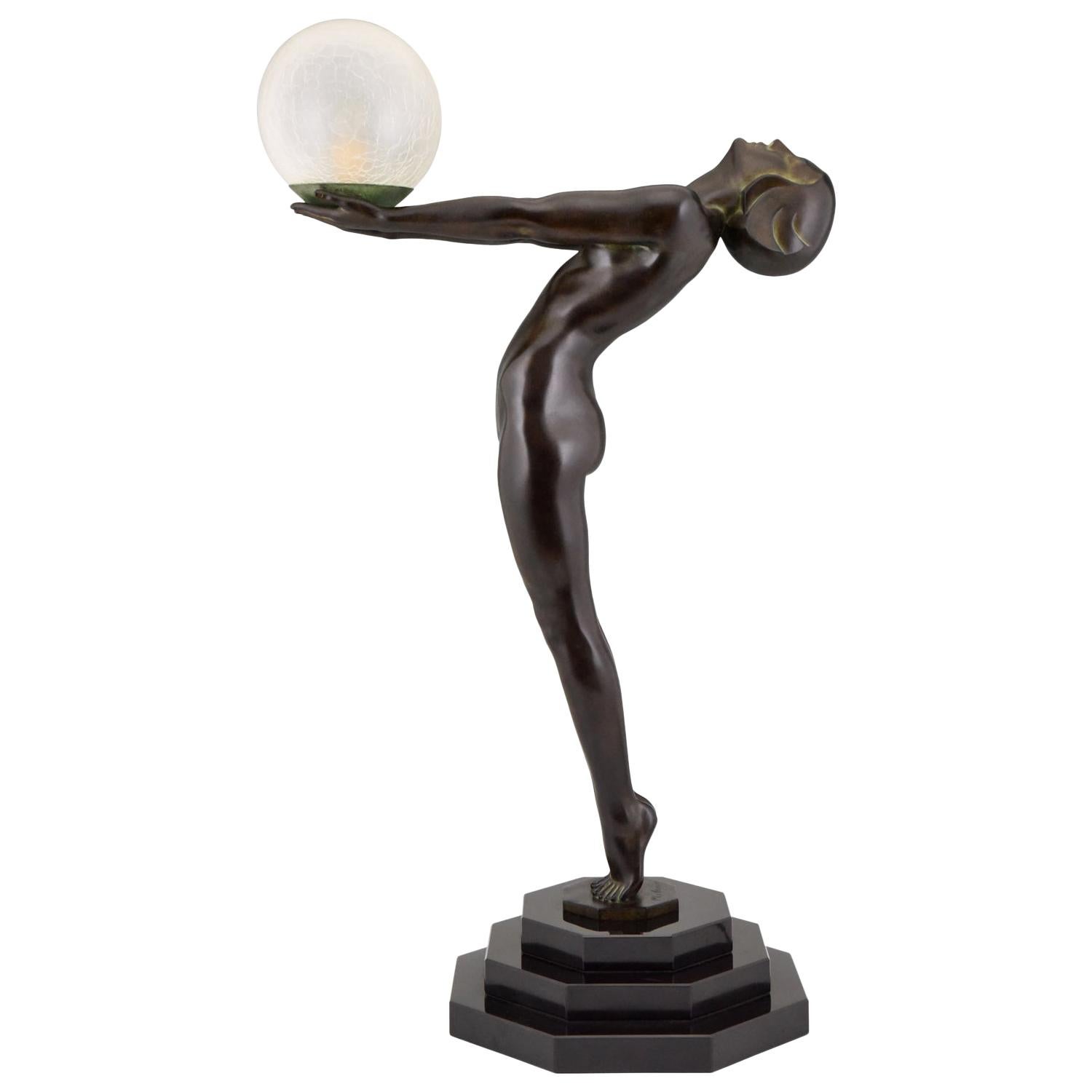 Art Deco style Lamp Clarté Nude with Globe by Max Le Verrier H. 33 inch / 84 cm For Sale