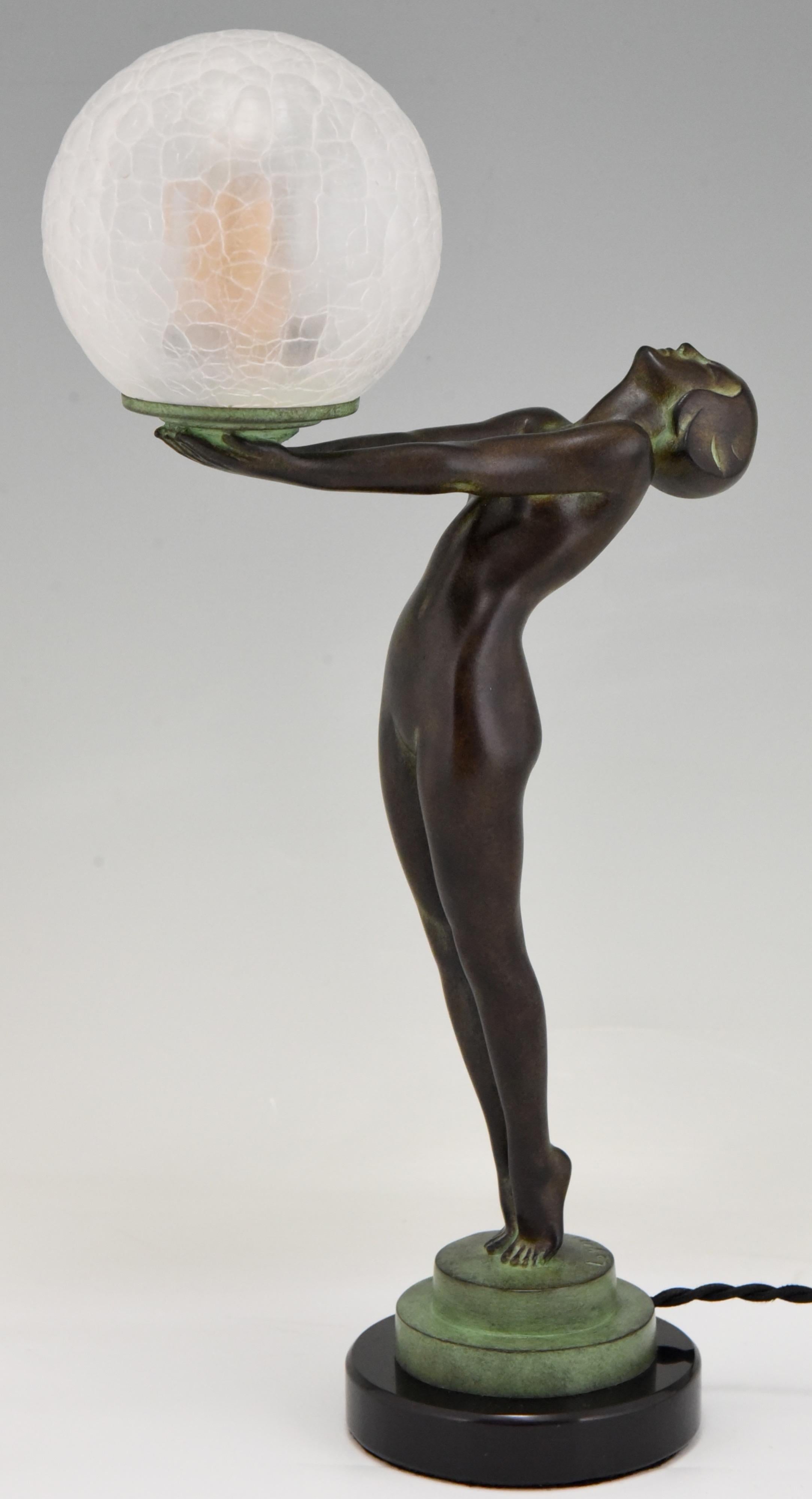 Hand-Crafted Art Deco Style Lamp CLARTE Standing Nude Holding a Glass Shade Max Le Verrier  For Sale