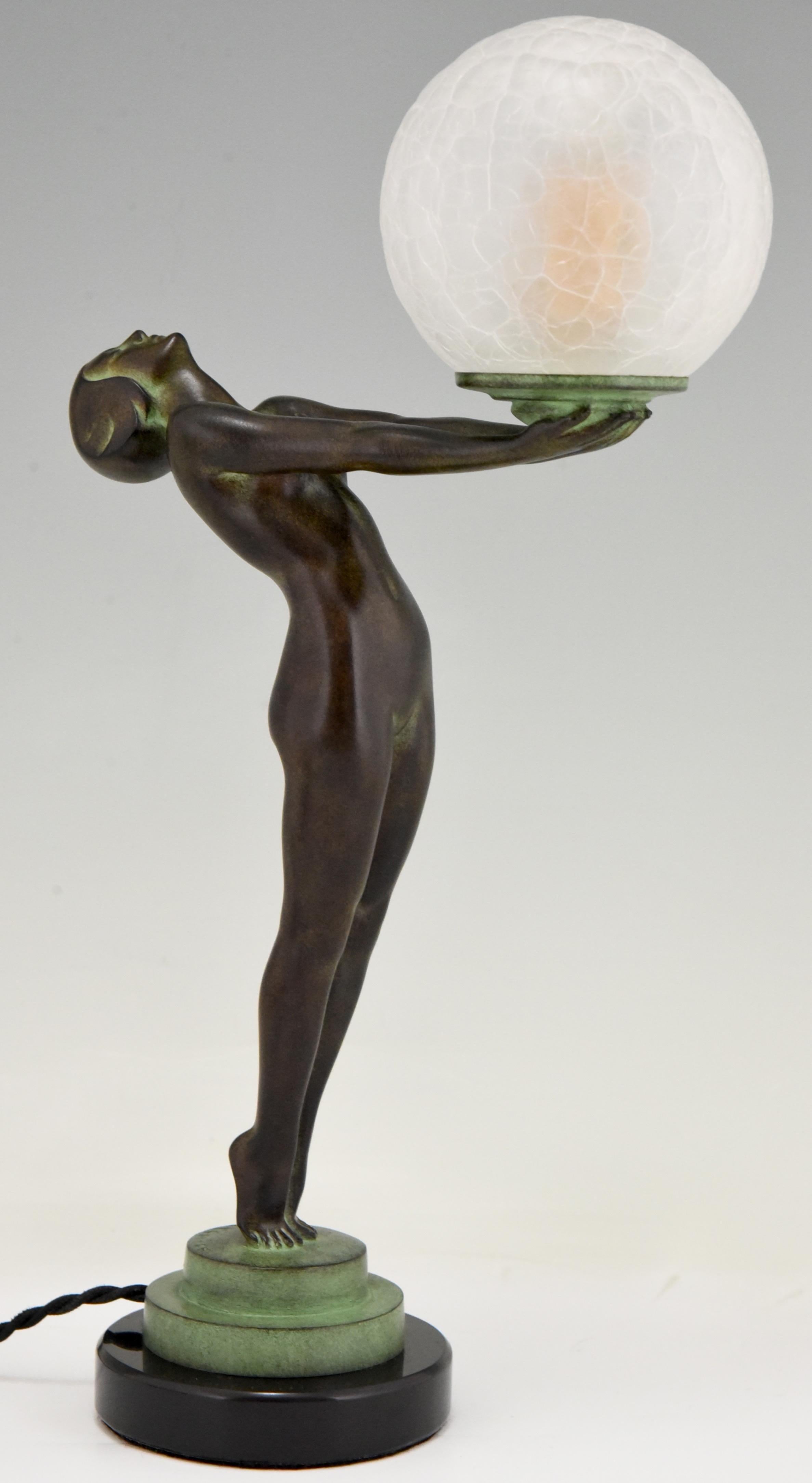 Contemporary Art Deco Style Lamp CLARTE Standing Nude Holding a Glass Shade Max Le Verrier  For Sale