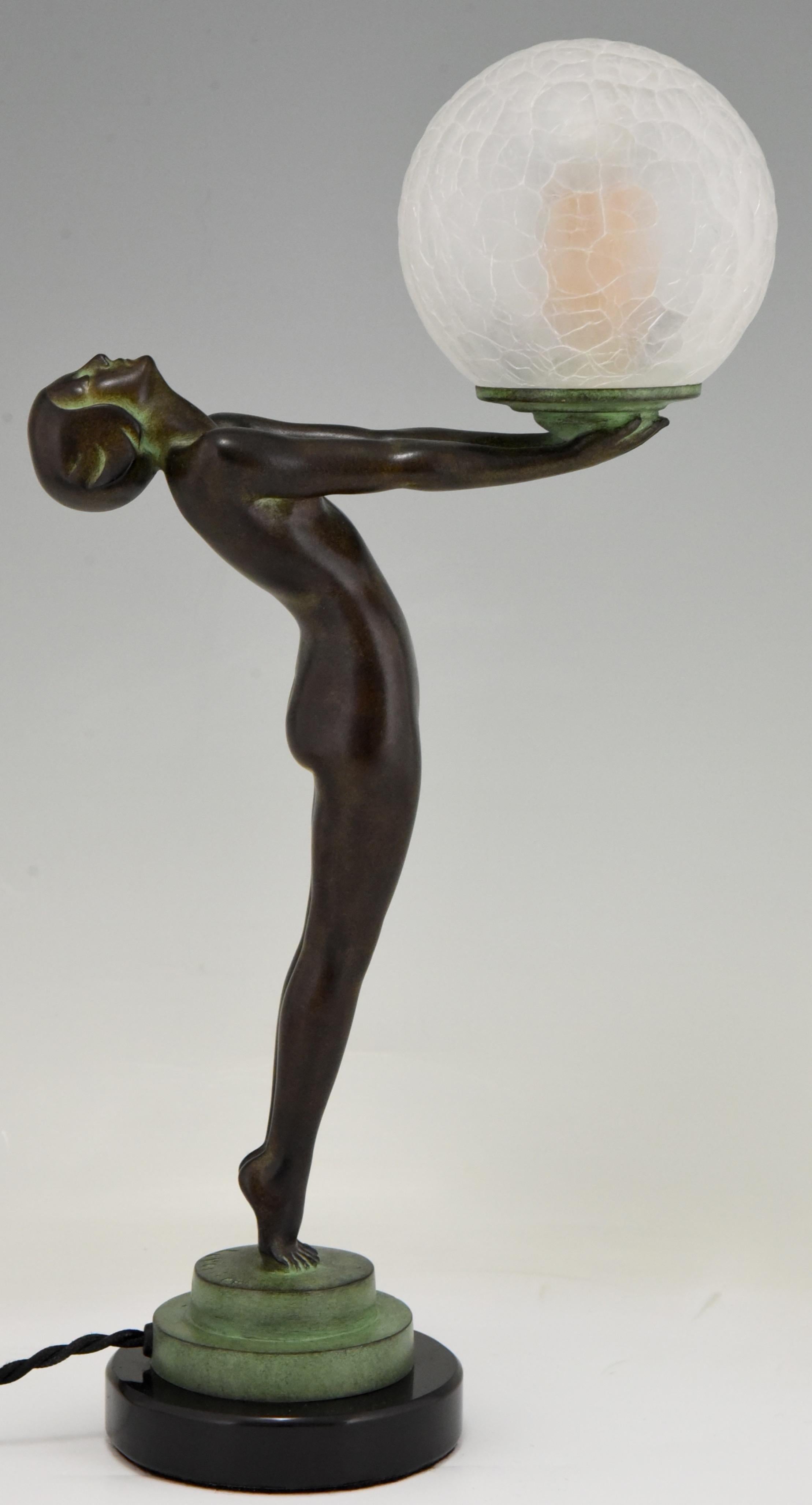 Metal Art Deco Style Lamp CLARTE Standing Nude Holding a Glass Shade Max Le Verrier  For Sale
