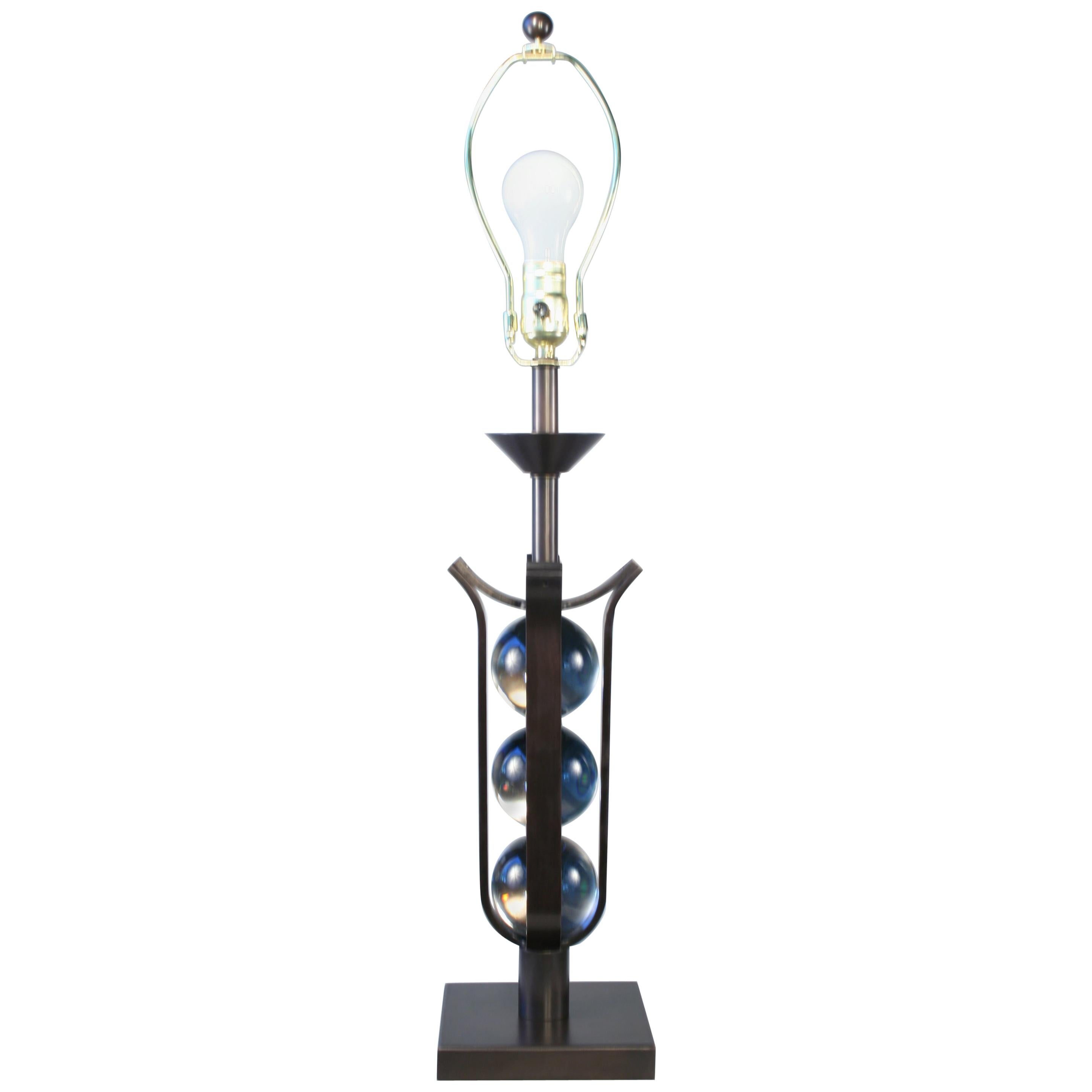 Art Deco Style Lamp, Iron and Glass Spheres, after E. Brandt For Sale
