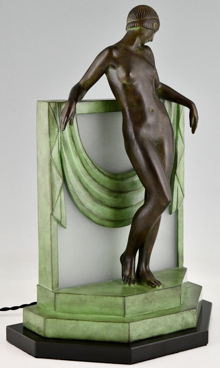 Art Deco Style Lamp Nude with Scarf by Fayral for Max Le Verrier Séréntité For Sale 3
