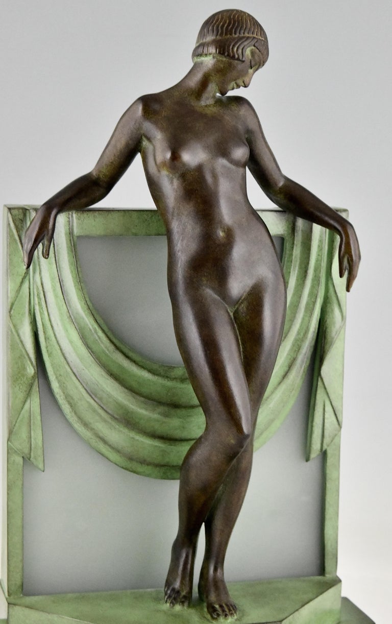 Art Deco Style Lamp Nude with Scarf by Fayral for Max Le Verrier Séréntité For Sale 4