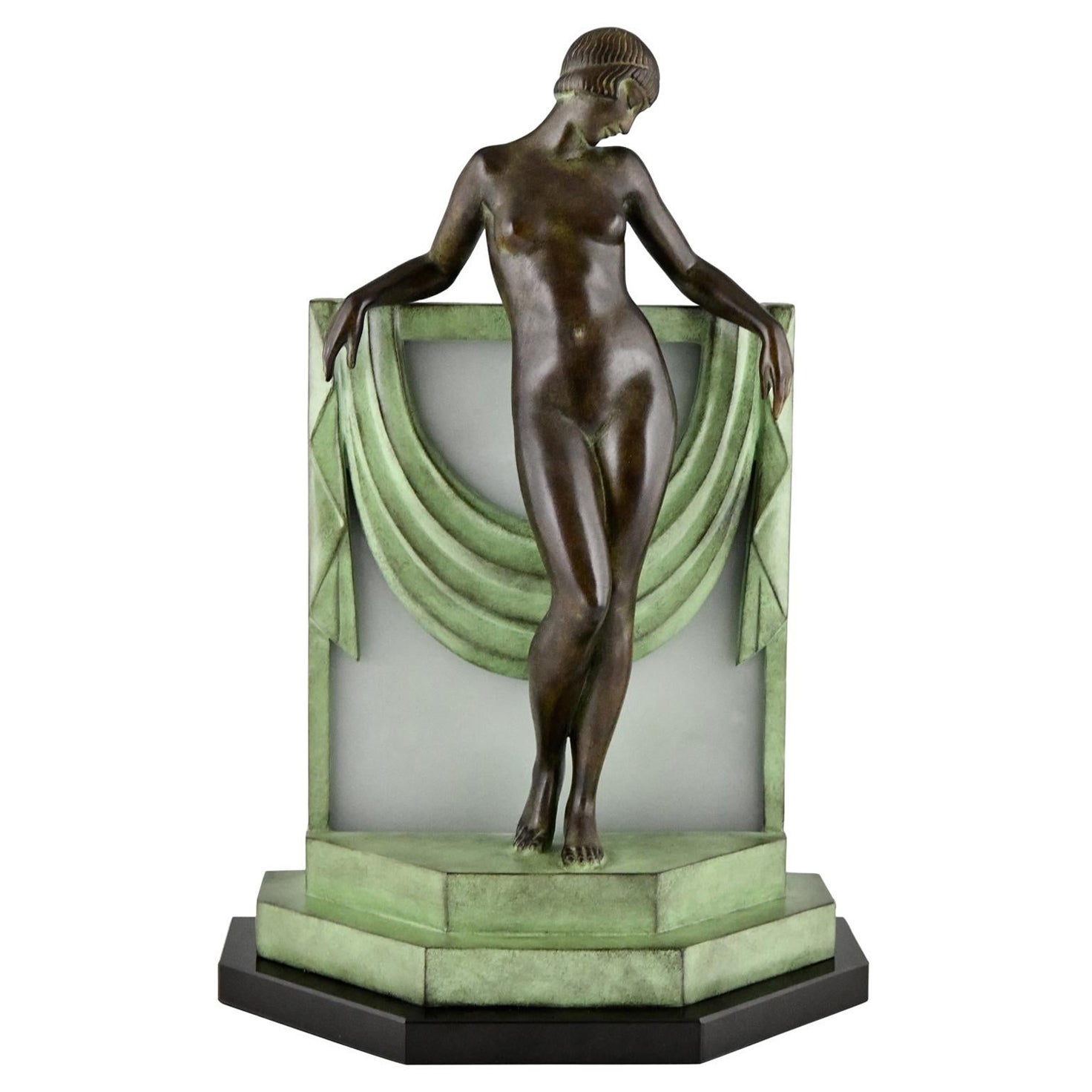 Art Deco style lamp sculpture nude with scarf SERENITE signed Fayral, pseudonym of Pierre Le Faguays.
Patinated metal on marble base, frosted glass. 
Design ca. 1930.
Posthumous contemporary cast at the Le Verrier foundry in Paris.
Handcrafted.
With