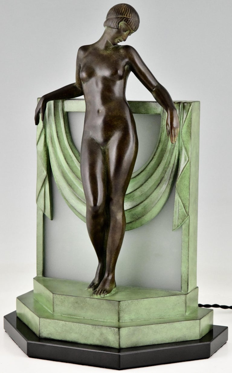 French Art Deco Style Lamp Nude with Scarf by Fayral for Max Le Verrier Séréntité For Sale