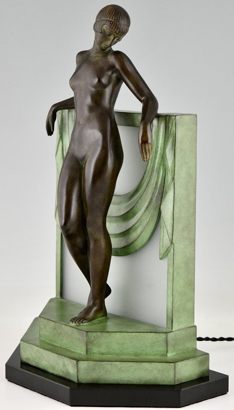 Patinated Art Deco Style Lamp Nude with Scarf by Fayral for Max Le Verrier Séréntité For Sale