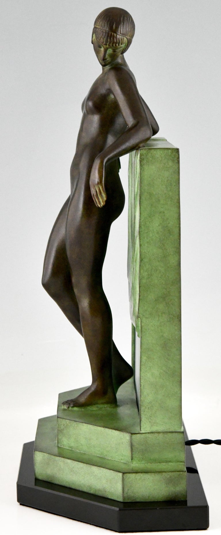 Art Deco Style Lamp Nude with Scarf by Fayral for Max Le Verrier Séréntité In New Condition For Sale In Antwerp, BE