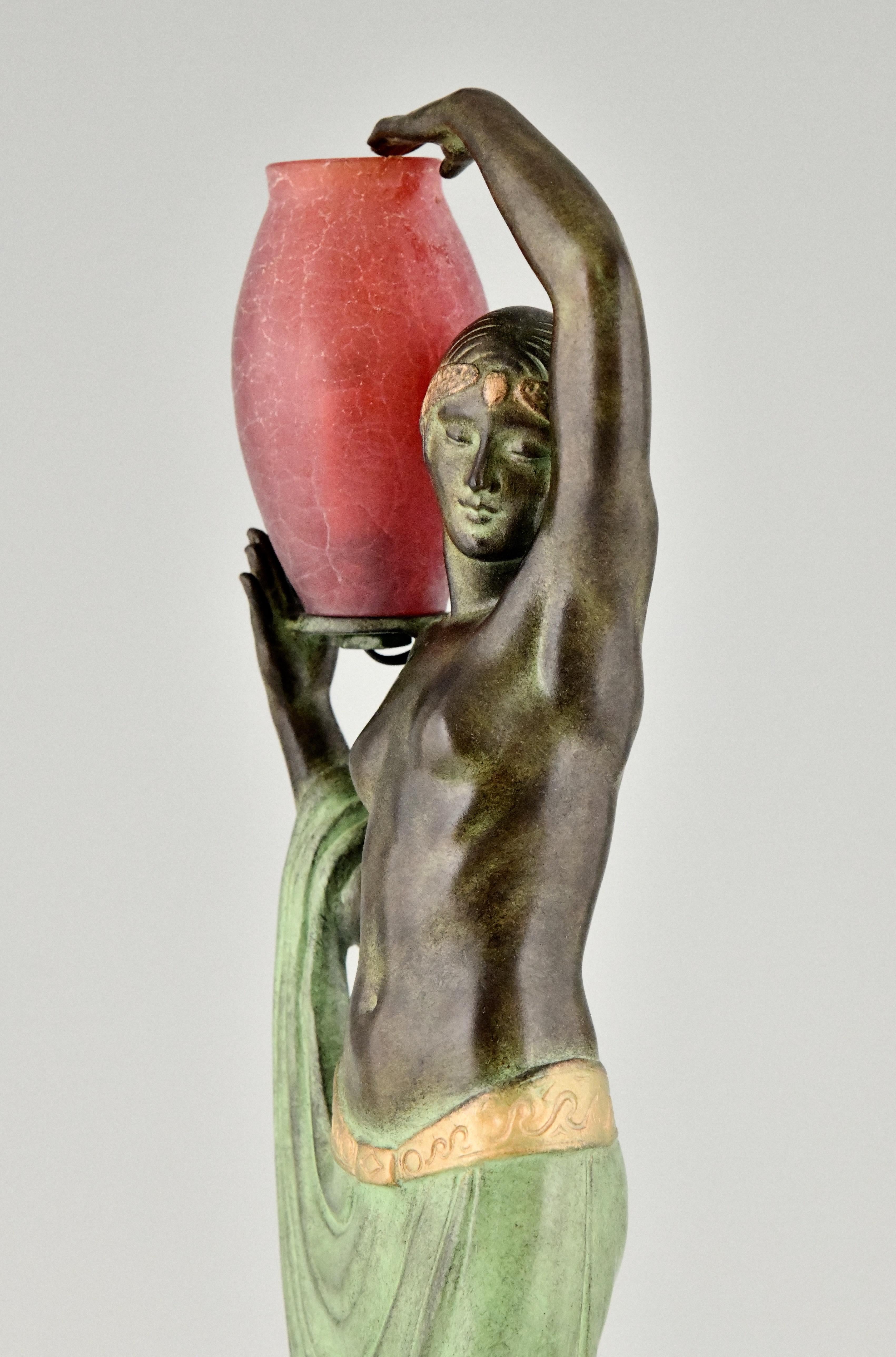 Marble Art Deco Style Lamp Sculpture Nude with Vase Le Faguays Max Le Verrier Odalisque For Sale