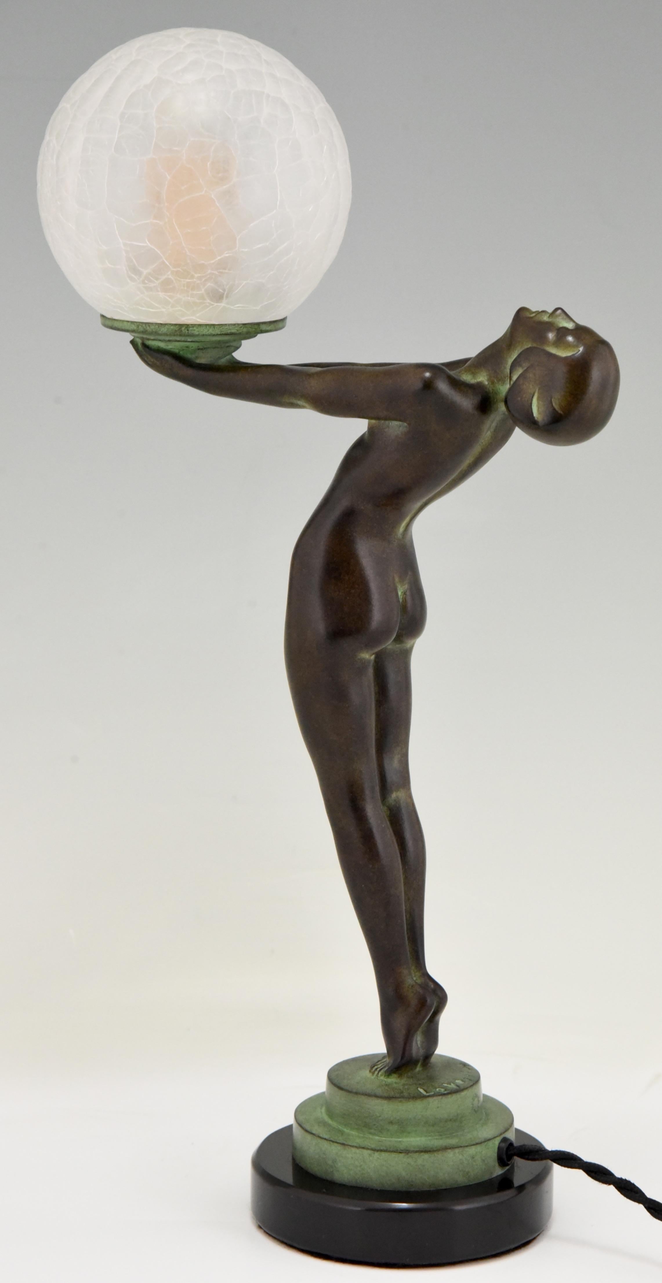 Art Deco Style Lamp Clarté Standing Nude Holding a Glass Shade Max Le Verrier  1