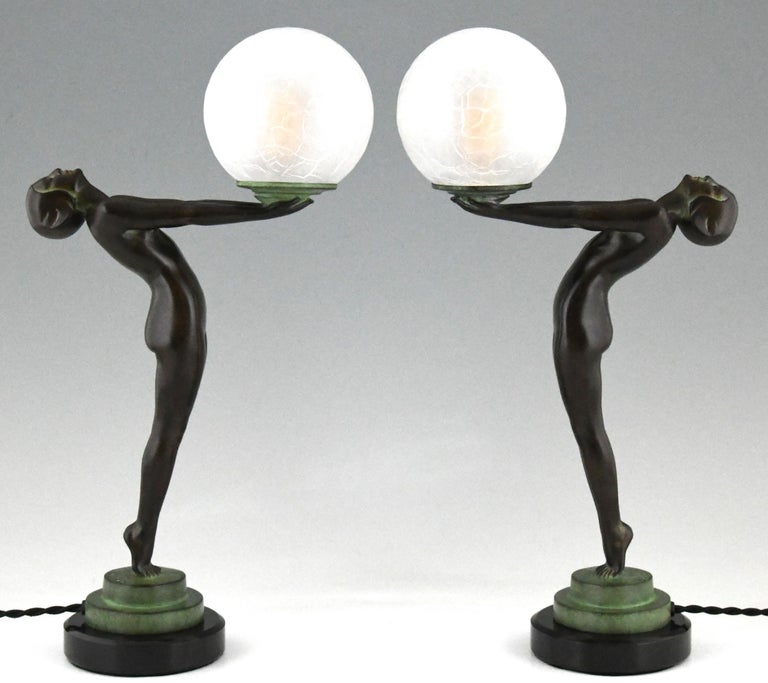 Art Deco Style Lamp Clarté Standing Nude Holding a Glass Shade Max Le Verrier  For Sale 9