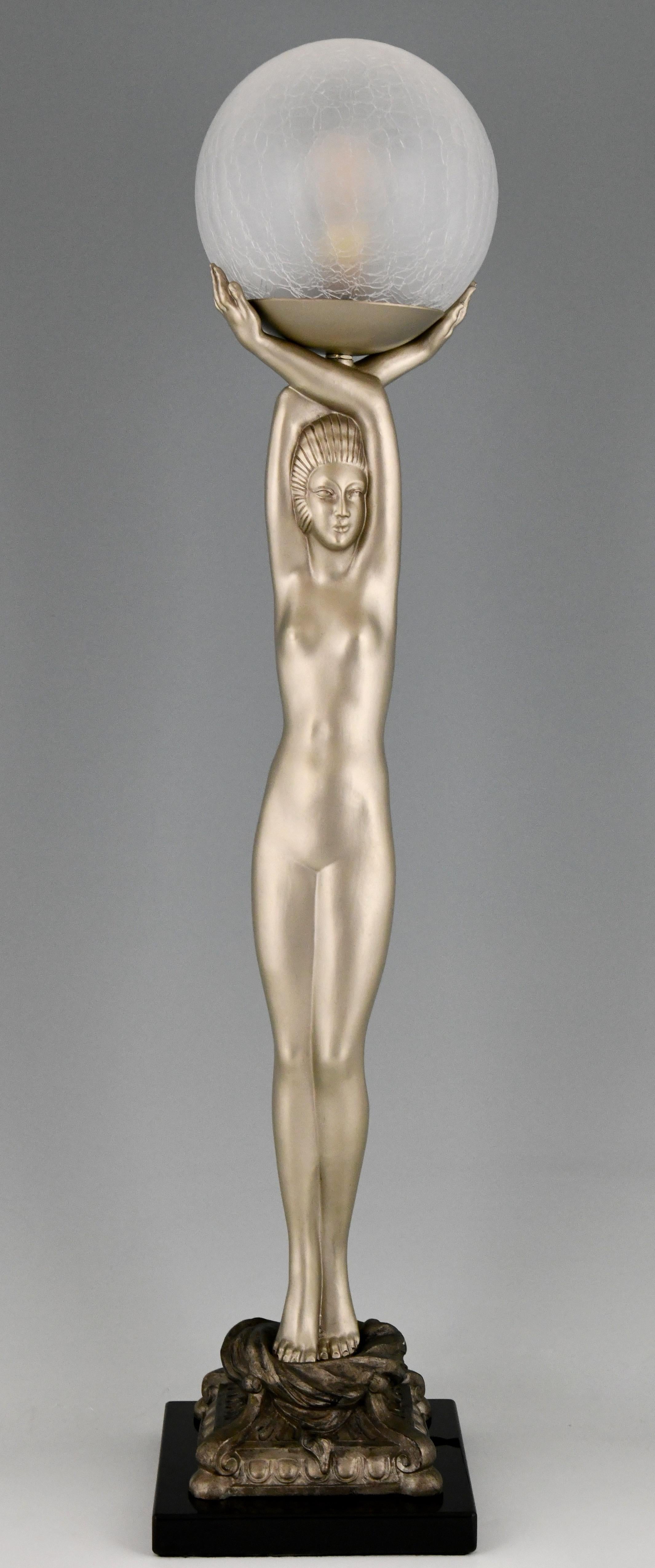 French Art Deco Style Lamp Standing Nude with Globe Pierre Le Faguays