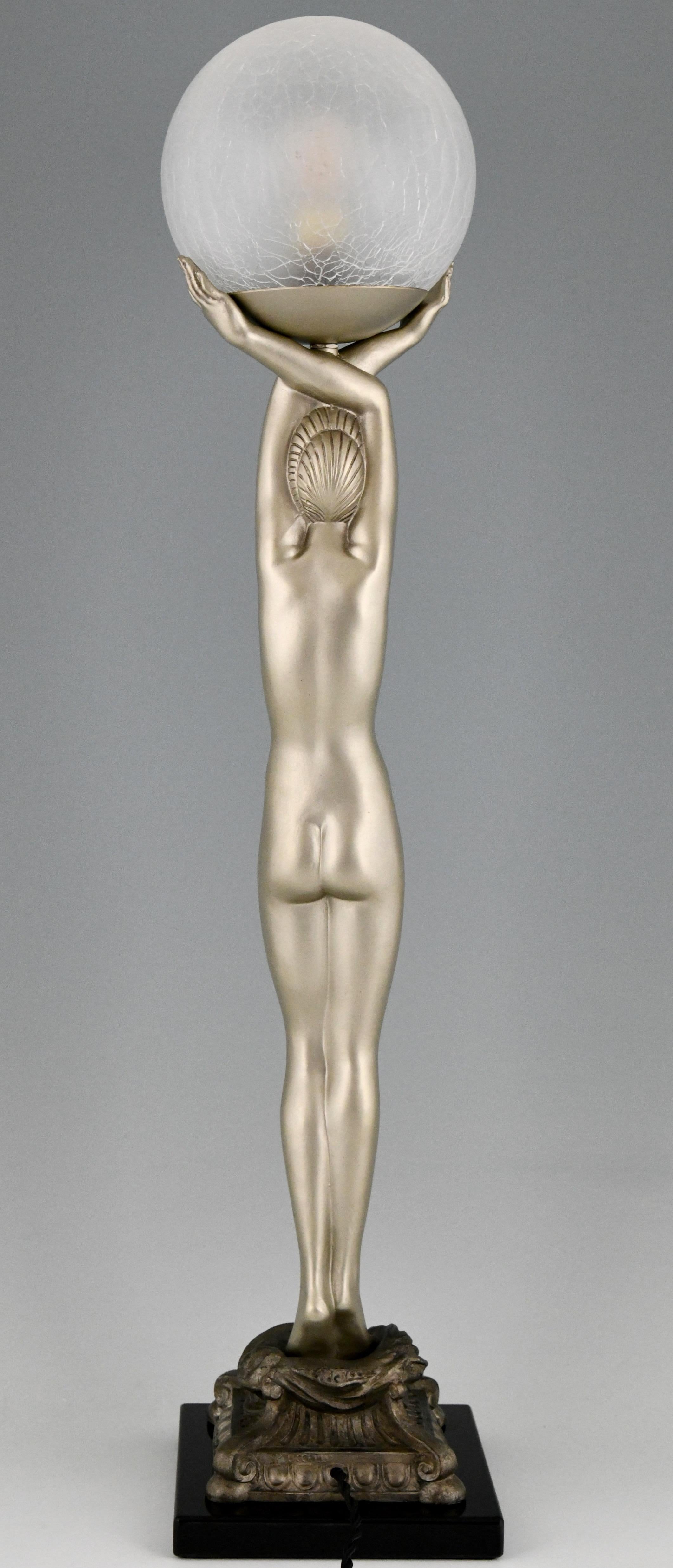 Metal Art Deco Style Lamp Standing Nude with Globe Pierre Le Faguays