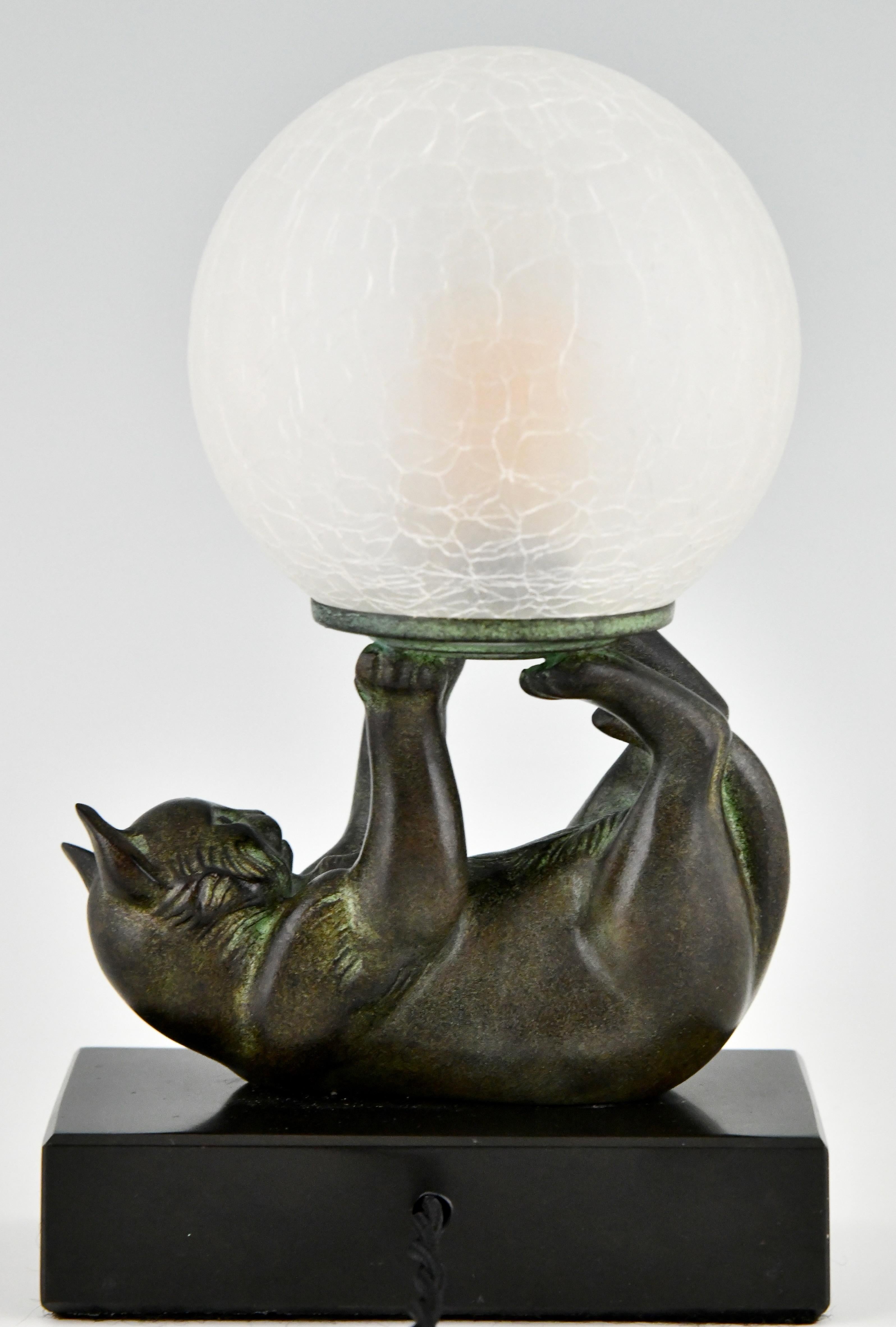 Contemporary Art Deco style lamp with cat CHAT JONGLEUR signed Janle for Max Le Verrier. For Sale