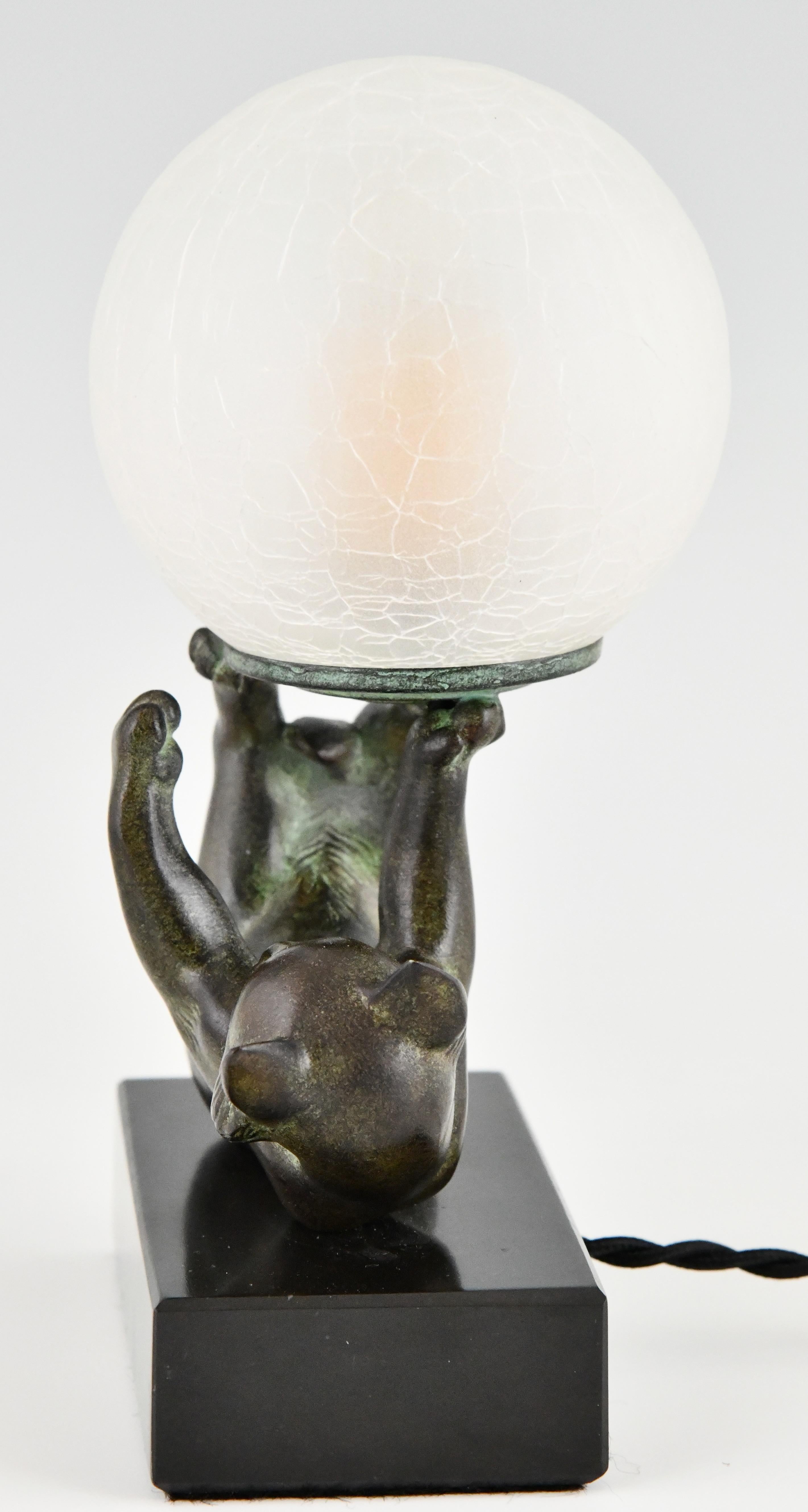 Metal Art Deco style lamp with cat CHAT JONGLEUR signed Janle for Max Le Verrier. For Sale