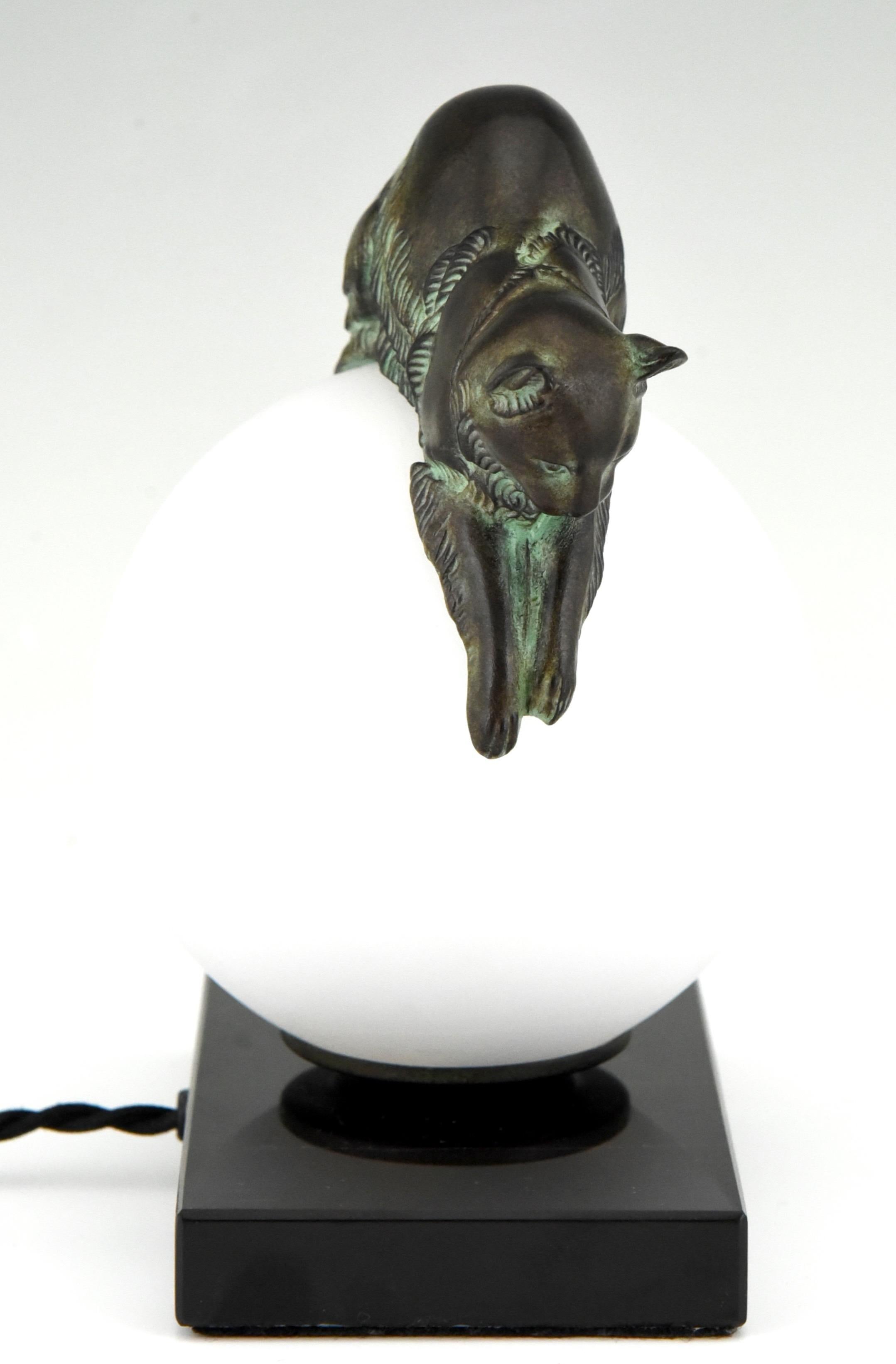 Patinated Art Deco style lamp with cat EQUILIBRE signed Gaillard for Max Le Verrier.