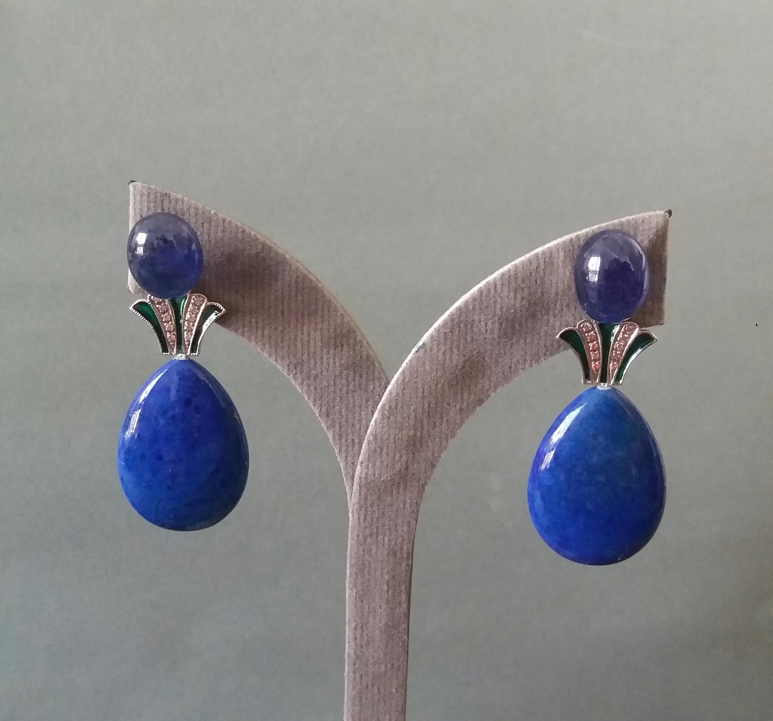 Art Deco Style Lapis Lazuli Blue Sapphire Gold Diamonds Green Enamel Earrings 5