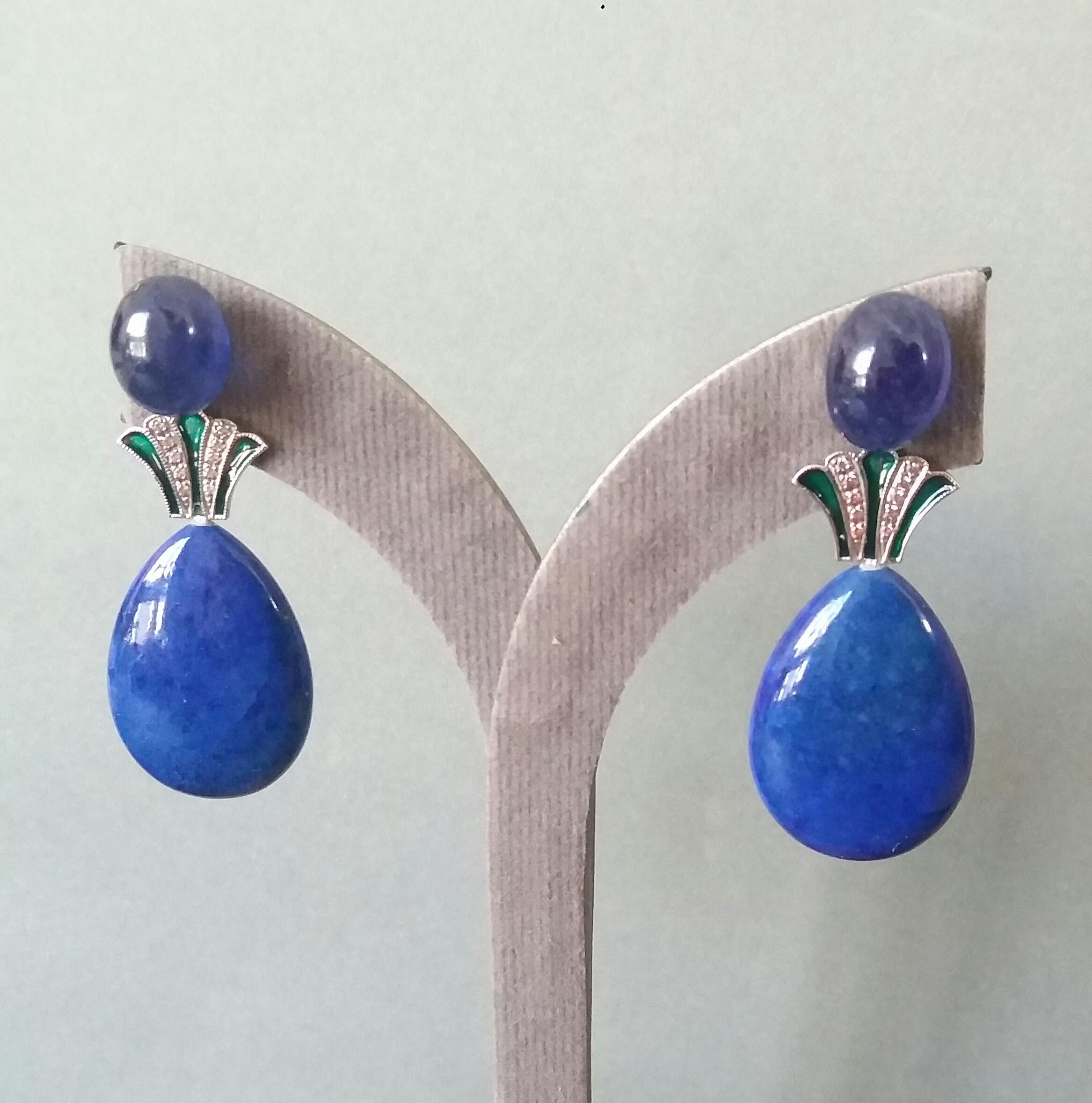 Art Deco Style Lapis Lazuli Blue Sapphire Gold Diamonds Green Enamel Earrings 6