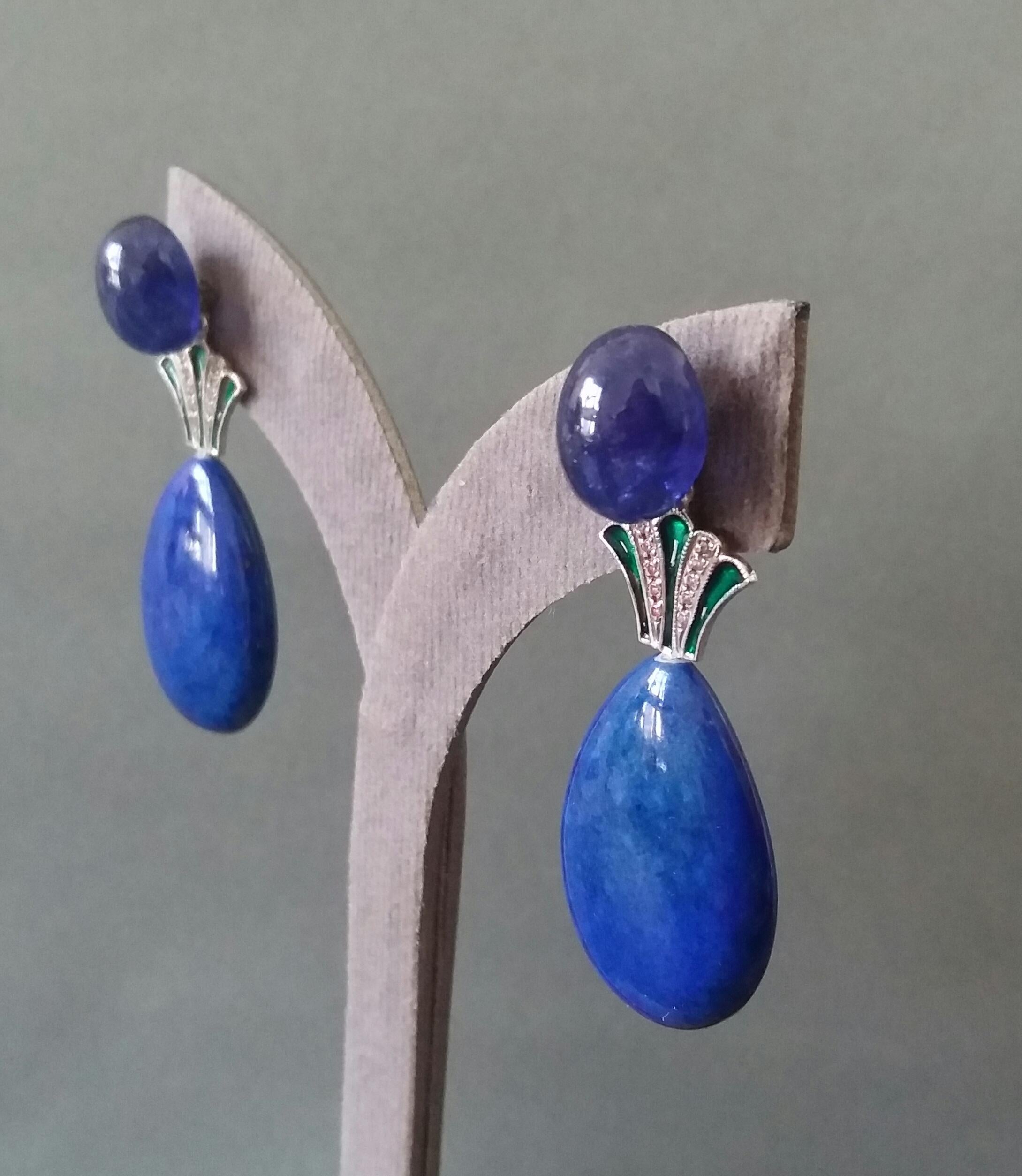 Art Deco Style Lapis Lazuli Blue Sapphire Gold Diamonds Green Enamel Earrings 7