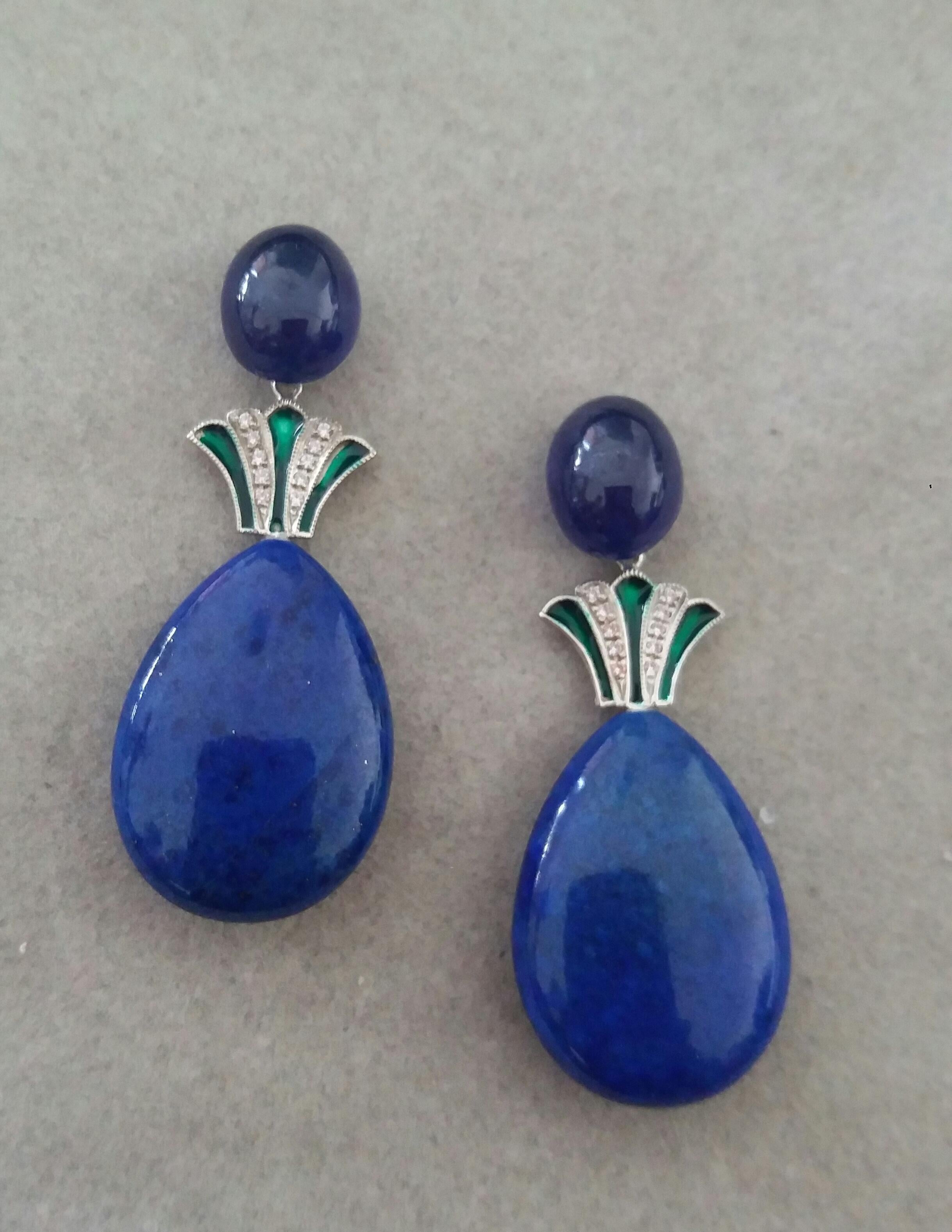 Mixed Cut Art Deco Style Lapis Lazuli Blue Sapphire Gold Diamonds Green Enamel Earrings