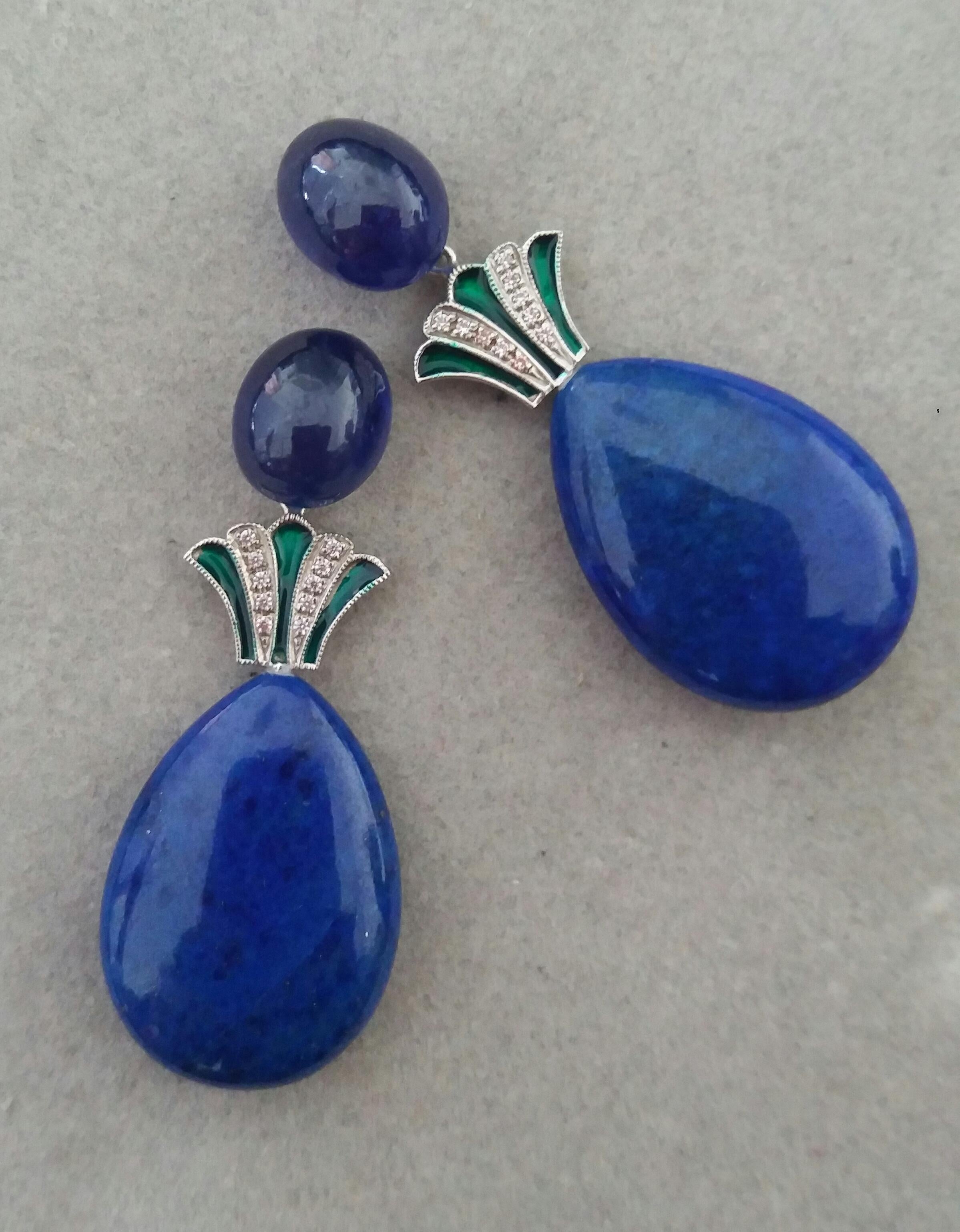 Art Deco Style Lapis Lazuli Blue Sapphire Gold Diamonds Green Enamel Earrings In Good Condition In Bangkok, TH