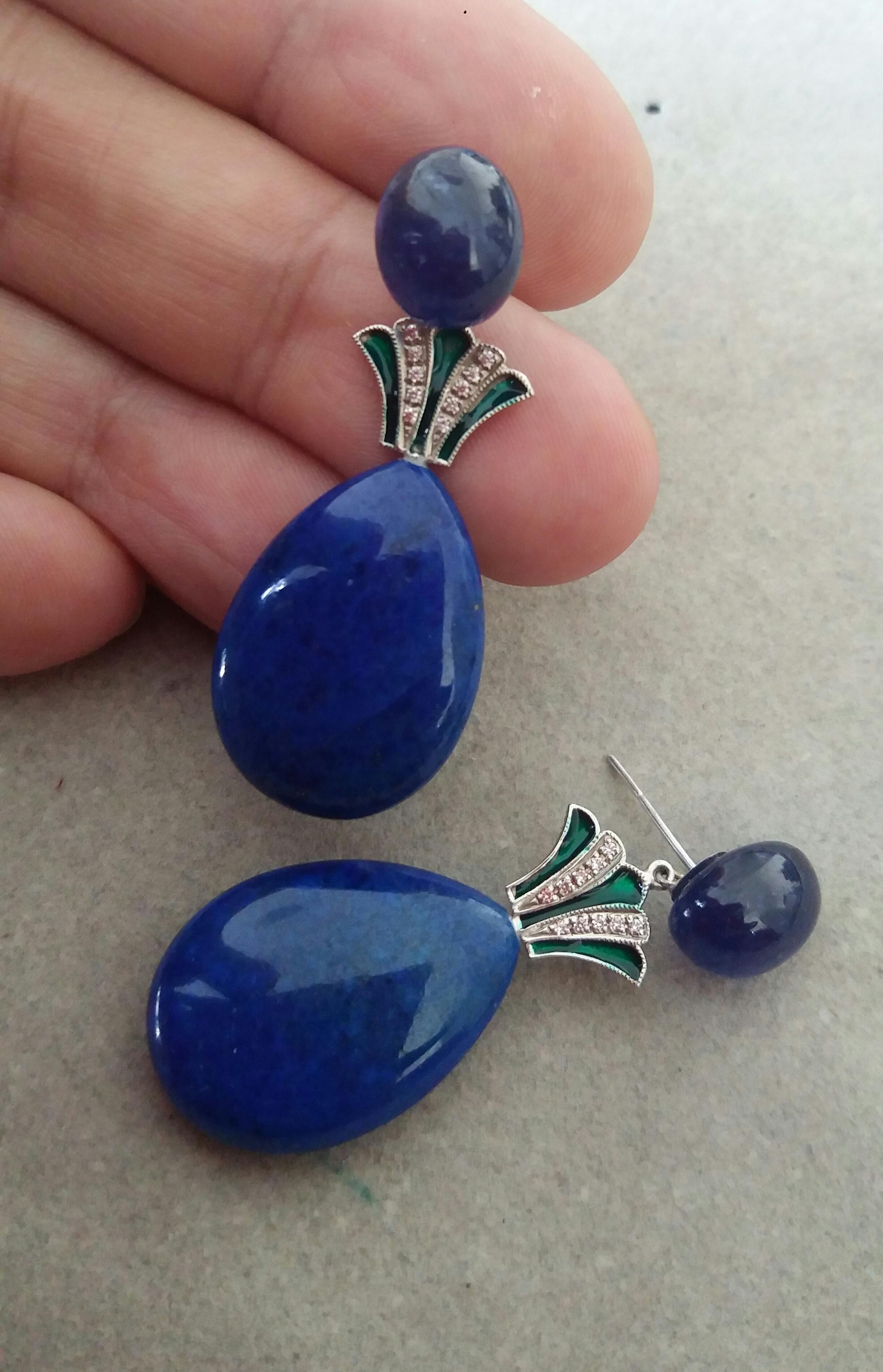 Women's Art Deco Style Lapis Lazuli Blue Sapphire Gold Diamonds Green Enamel Earrings